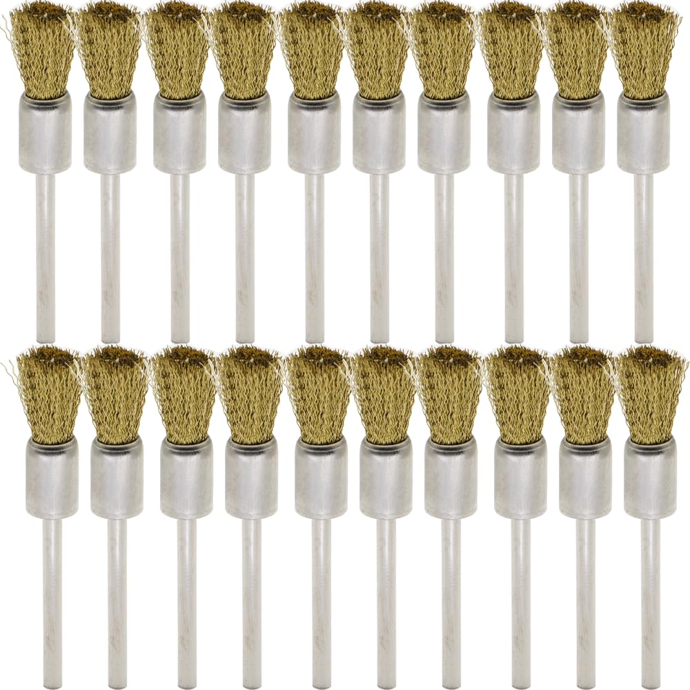 20PCS Brass Wire Brushes - Metal Rust Removal, Cleaning, and Polishing - 8mm Diameter, 1/8″ (3mm) Shaft - Removes Burrs, Dust, and Oxide Layer - Handles Rough Surfaces - Rotary Tool Accessories