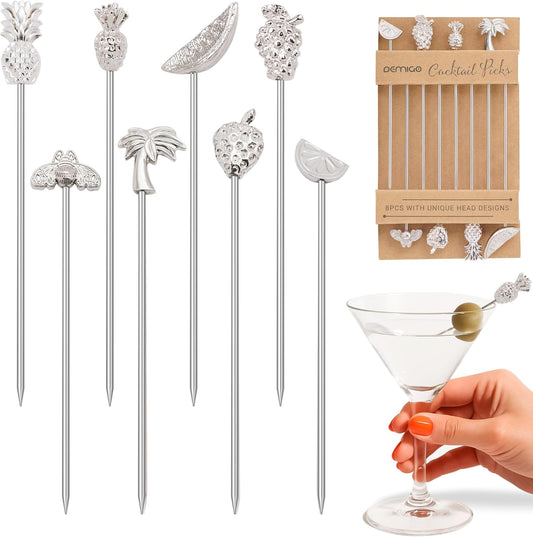 DEMIGO Fruit-Shaped Cocktail Picks, 8 Stainless Steel Reusable Skewers with Tropical Toppers - Olive Stuffers Martini Picks set Fruit Toothpicks Garnish Skewers Appetizer Drink Stick
