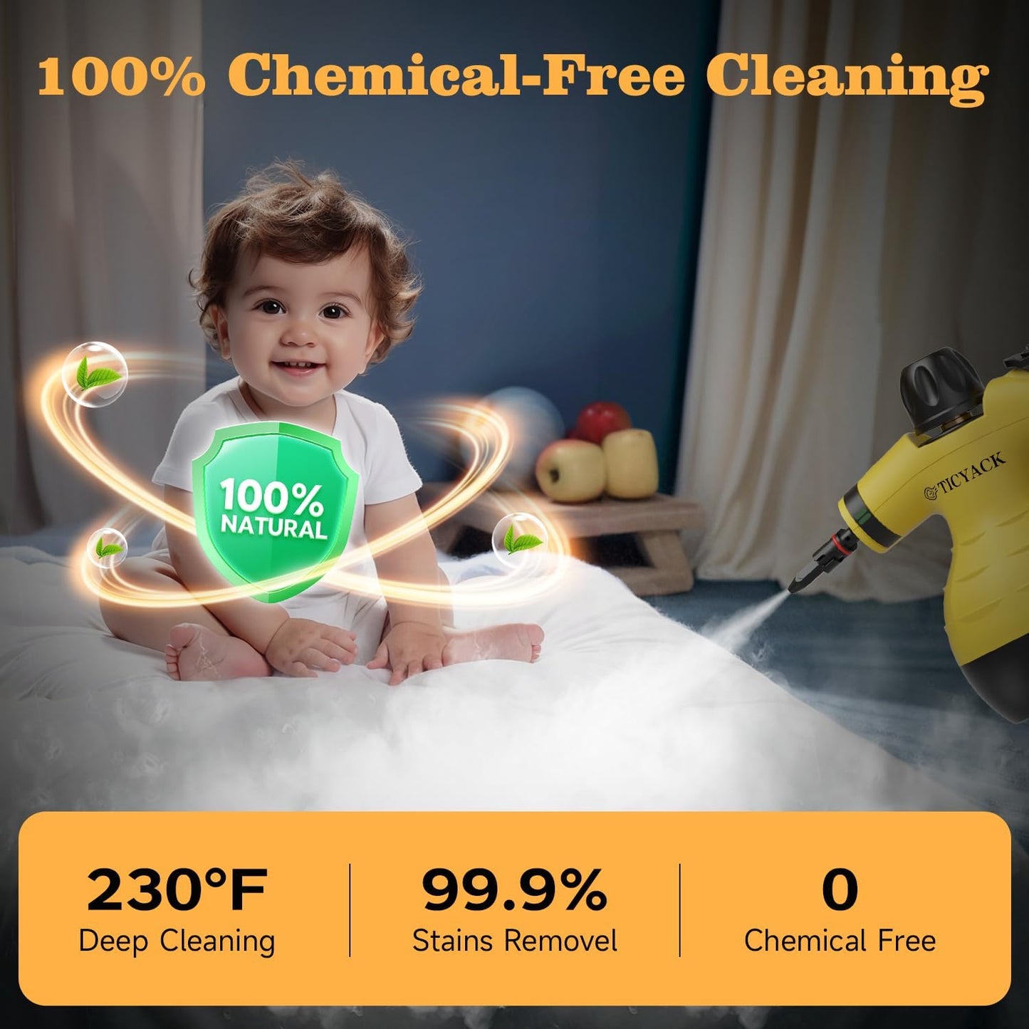 Steam Cleaner, Handheld Steam Cleaner, Steam Cleaner for Home with 16 Accessories and Automatic Steam Switch, Steamer for Cleaning Home, Living Room, Kitchen, Bathroom, Car (Yellow)