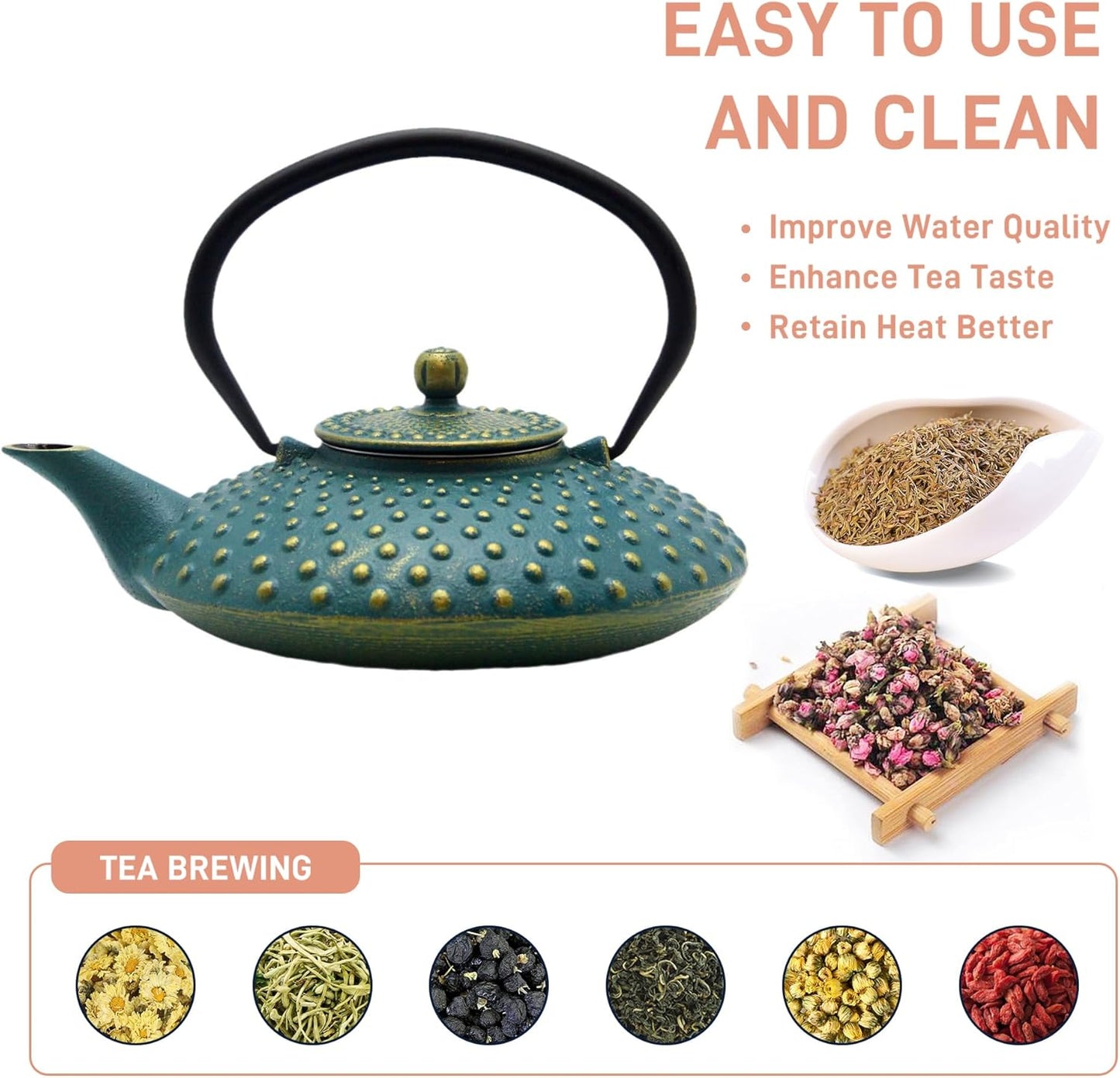27.1oz Small Cast Iron Teapot,SECHUDO Tea Kettle Coated with Enameled Interior for Stovetop Safe, Japanese Style Cast Iron Teapot with Stainless Steel Infuser for Loose Tea,Flat Pattern(800ml)