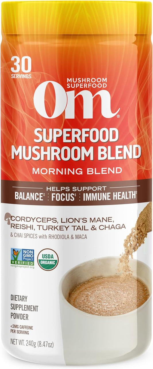 OM MUSHROOM SUPERFOOD Morning Energy Blend Mushroom Powder Drink, 8.47 Ounce Canister, Coffee Free Energy Drink with Cordyceps, Vitamin D2, Agaricus Bisporus, Lion's Mane, Rhodiola, and Turkey Tail