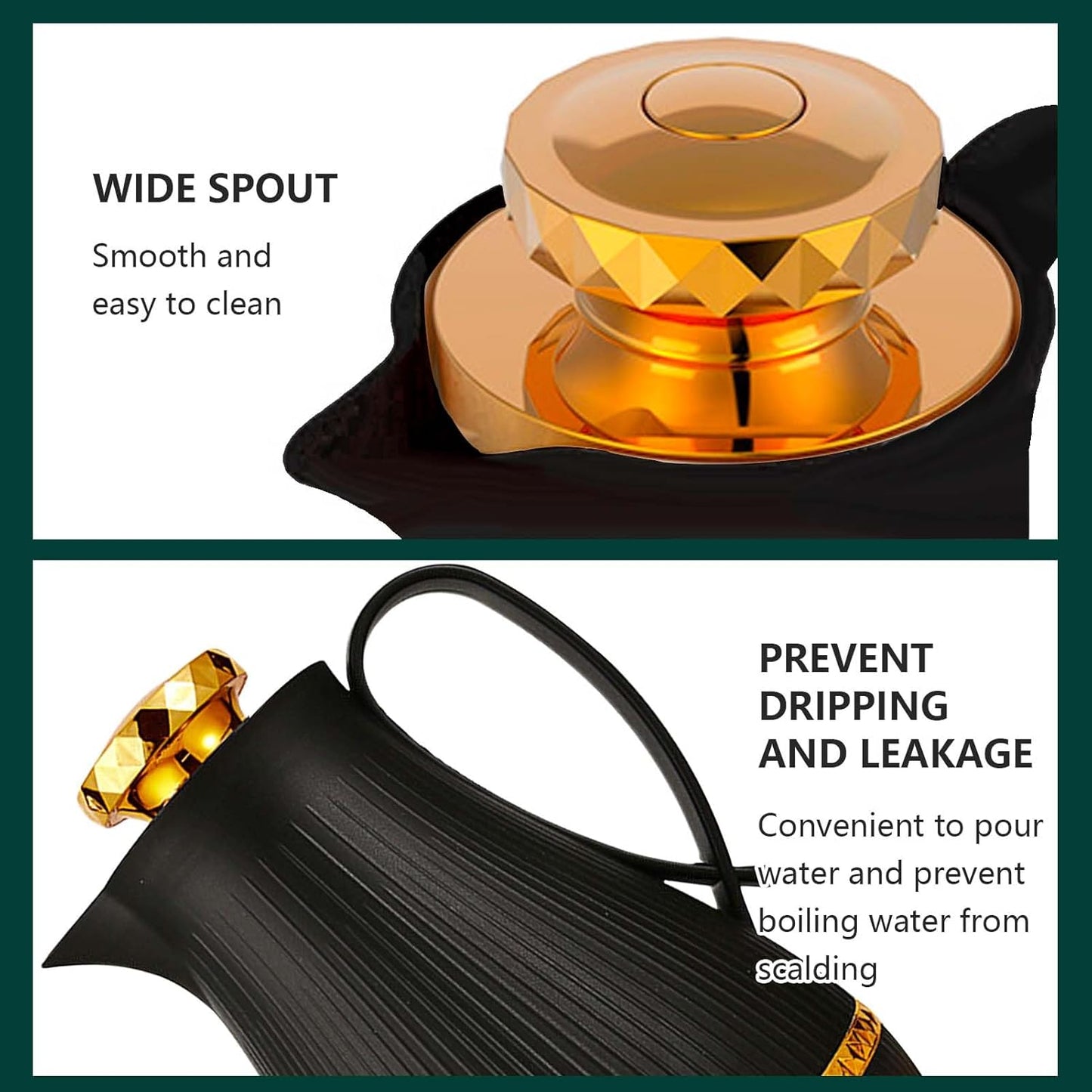 Insulated Thermal Coffee Carafe, 33 oz, Luxury Arabic-Style Insulated Carafe Flask,Coffee Tea Pot,with Spout and Glass Liner for Hot Cold Water,Housewarming Ornaments (Black)