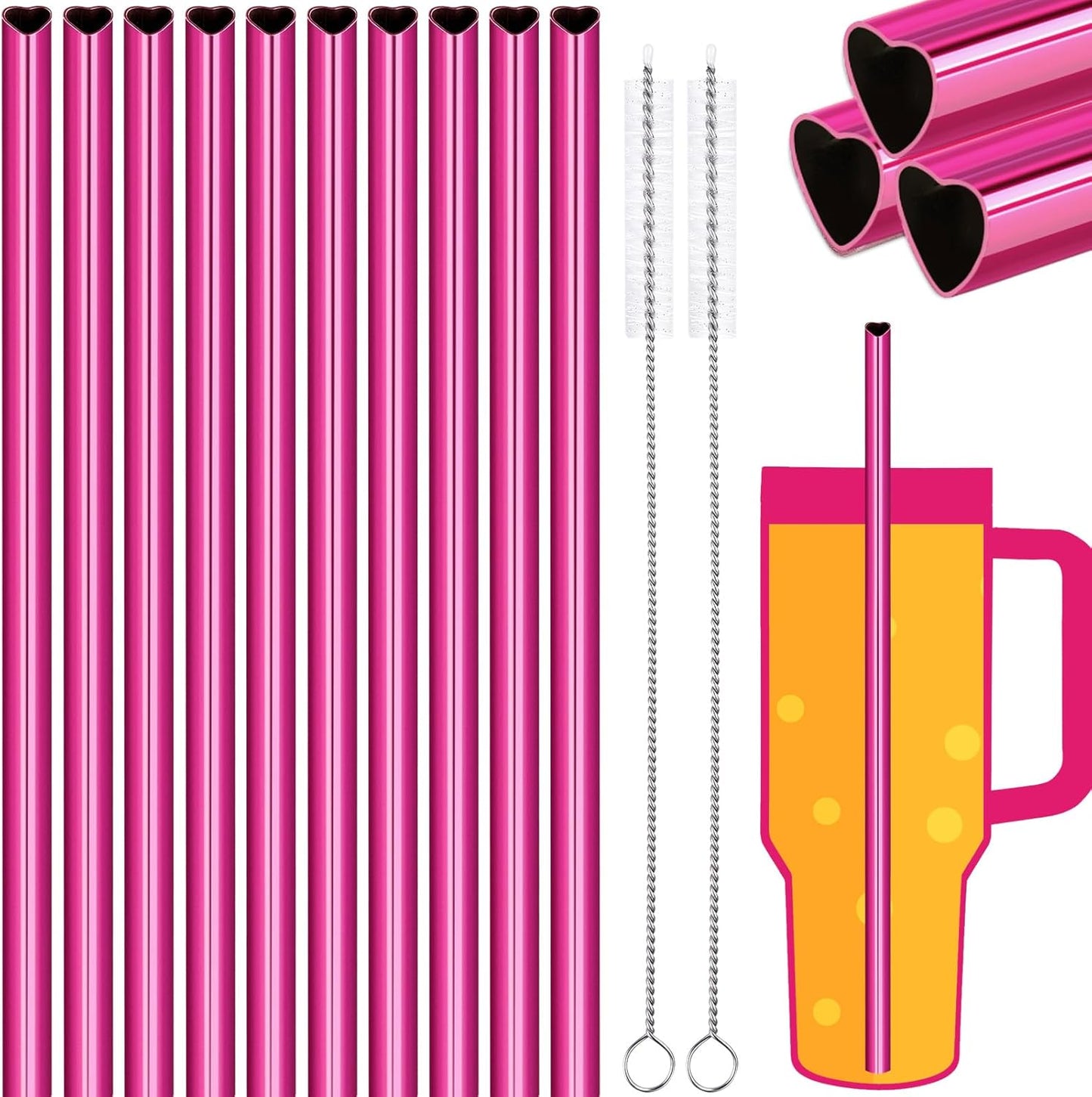 NiHome 10-Pack Heart-Shaped Stainless Steel Drinking Straws with 2 Cleaning Brushes, 12" Long Reusable Straws for Stanley Tumbler 30oz 40oz, Dishwasher Safe, Safe Edges for Kids (Pearl Hot Pink)