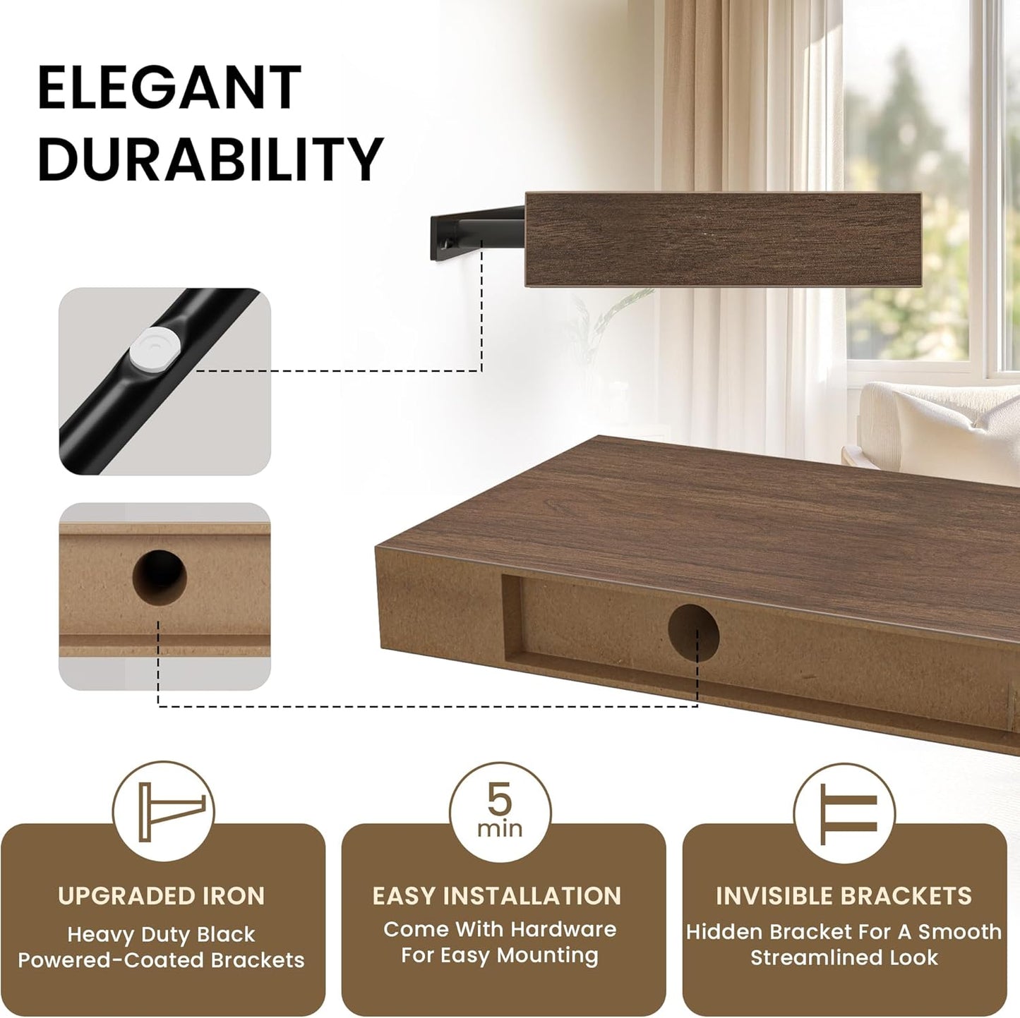 Floating Shelves for Wall, 40" W x 8" D x 1.5" H, Wooden Wall Mounted Display Shelves with Invisible Brackets for Living Room, Bedroom, Bathroom, Kitchen Decor and Storage, Set of 2, Walnut