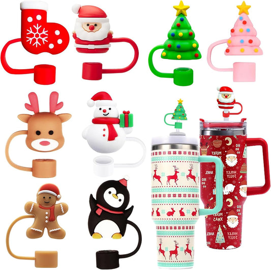 8PCS Christmas Straw Toppers for Stanley Cup Holiday Straw Cover for Stanley 30oz & 40oz Tumbler with Handle,10 mm Silicone Straws Topper Cap for Party Favor