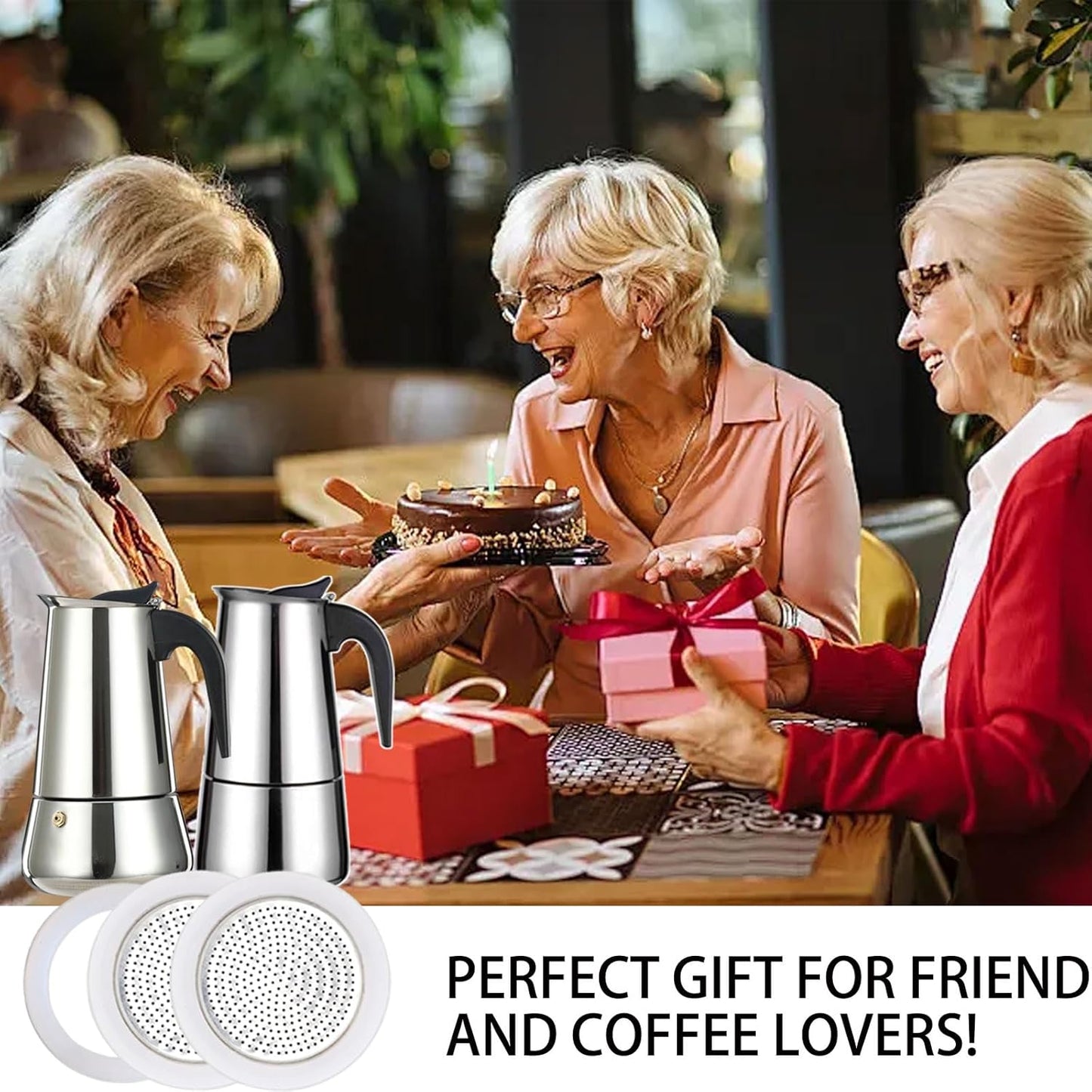 2 Pcs Filter with 3 Pcs Silicone Gasket Seals for 6 Cup Stovetop Espresso Coffee Maker Replacement Parts for Big Tummy and Straight Stainless Steel Moka Pot