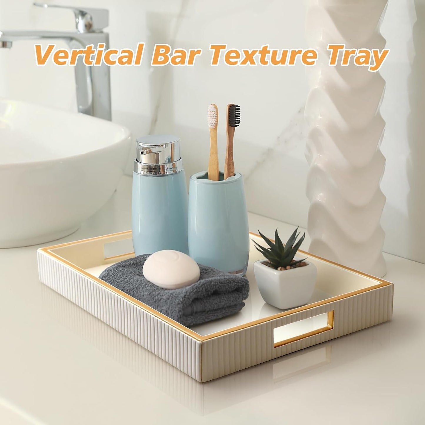 SANZIE Leather Tray Desktop Storage Organizer Premium Serving Tray Decorative Tray Valet Tray for Sundries Cosmetics Phone Wallet Cutlery (White Platter)