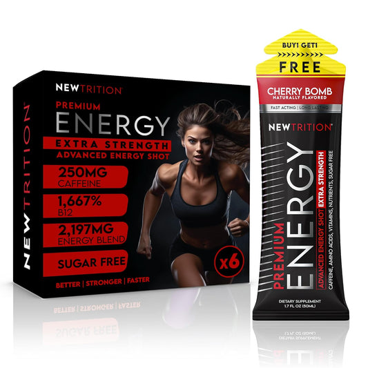 NewTrition® Extra Strength Energy Shots, 250mg Caffeine Energy Shots with Vitamin B & Amino Acids, Sugar-Free Vitamin Energy Shot, 1.7 fl oz (Pack of 6, Cherry Bomb)