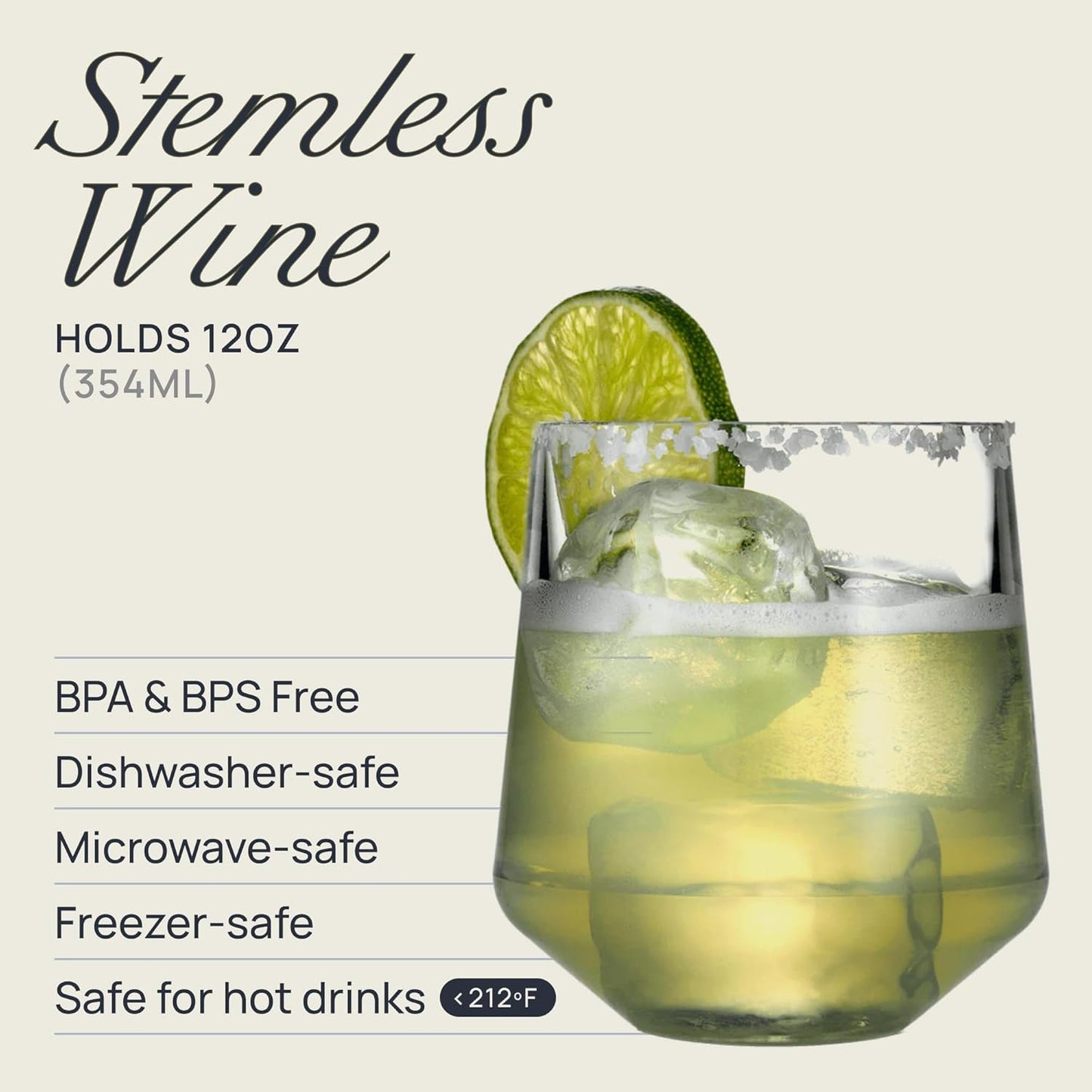 Drinique Unbreakable Stemless Wine Glasses – Set of 4 | 12oz Tritan Plastic | Made with 50% Recycled Content | Reusable, Dishwasher Safe, BPA-Free, Shatterproof | Indoor, Outdoor, Everyday Use - Clear