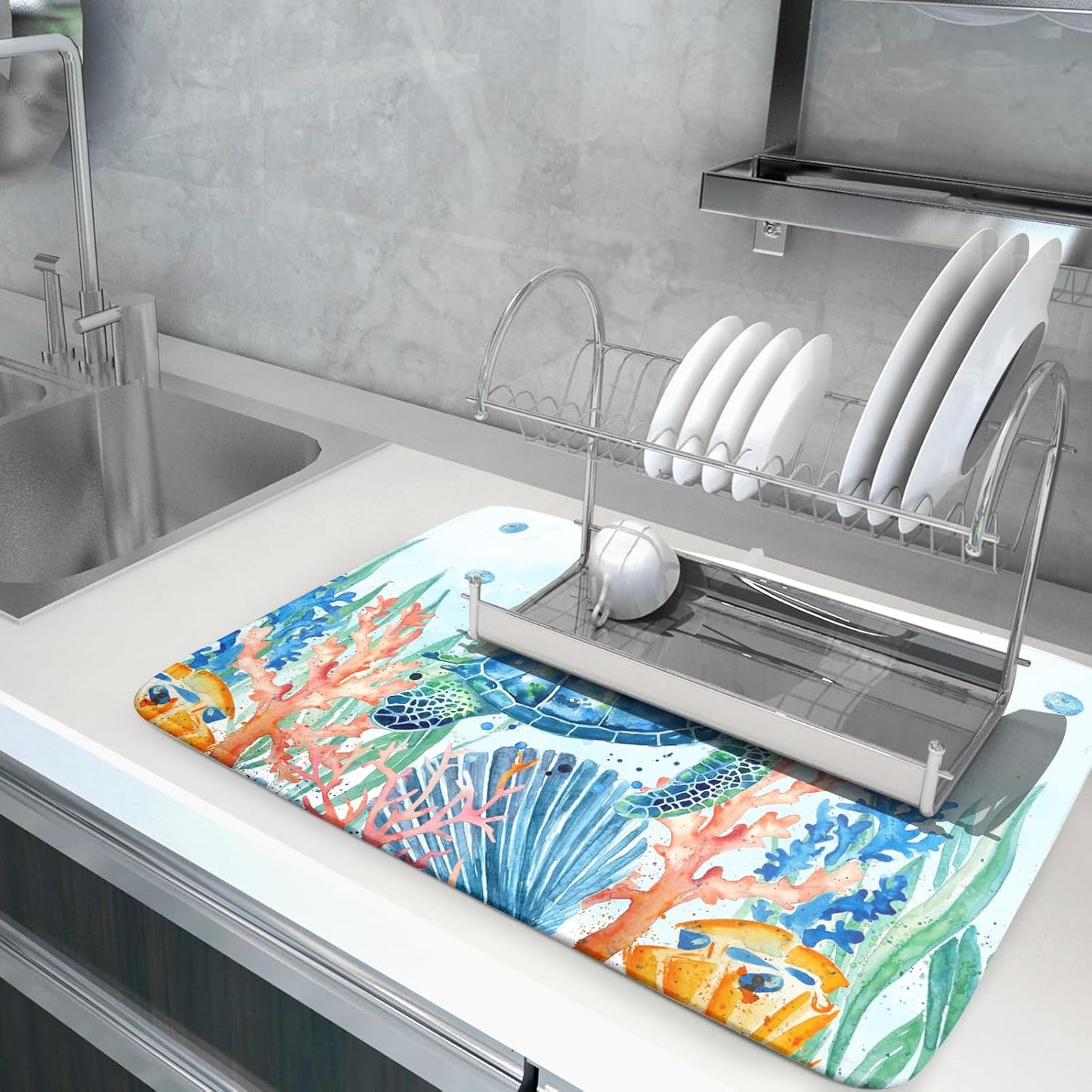Giwawa Sea Turtle Dish Drying Mat 18x24in Watercolor Blue Tortoise Dish Drainer Mats Nautical Ocean Coral Seashell Seaweed Microfiber Dish Drying Pad for Kitchen Countertop Large Decor
