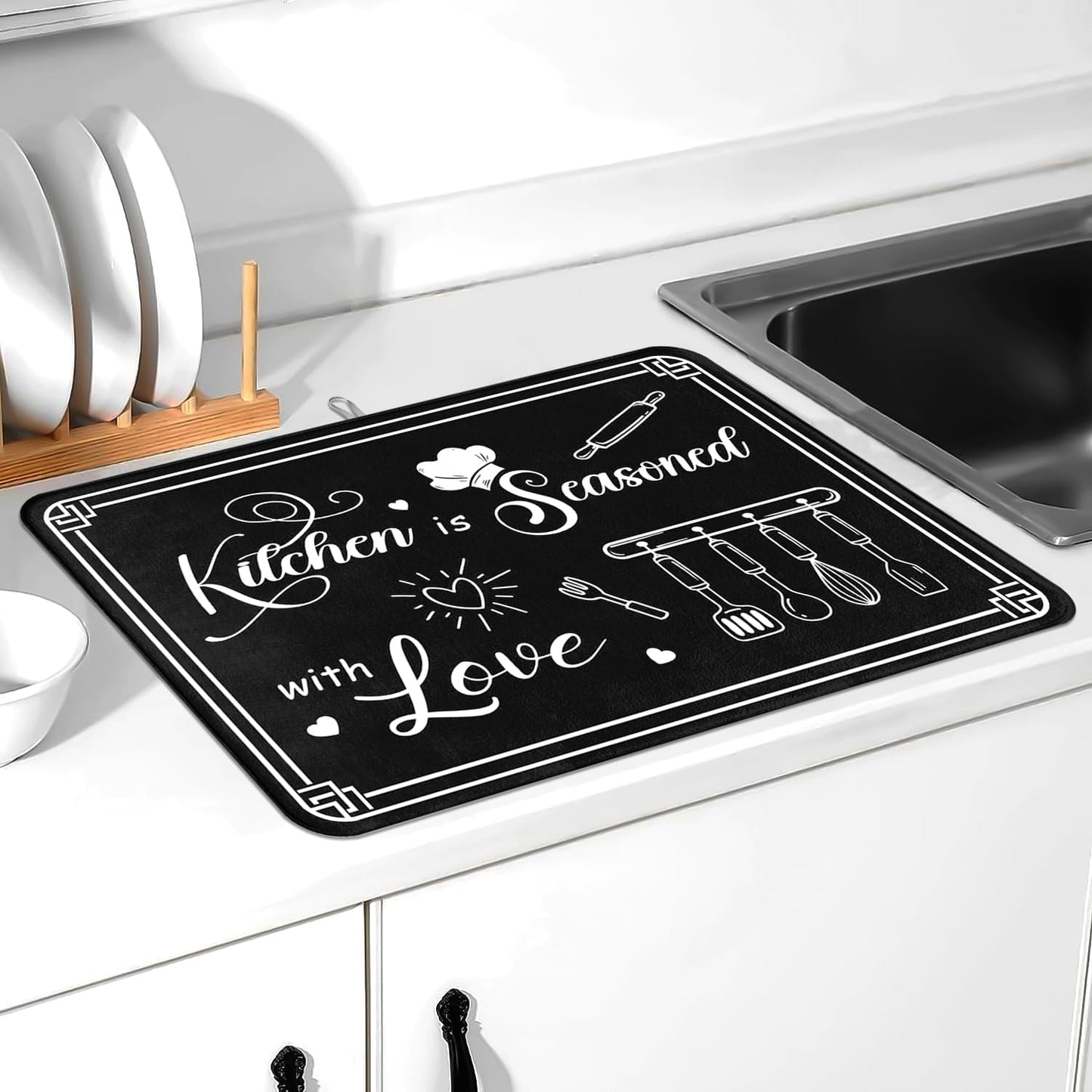 Dish Drying Mat Harvest Kitchen Is A Seasoned With Love 18 X 24 Inch For Kitchen Counter Reversible Dish Drying Pad Water Absorbing And Drying Mat For Kitchen Coffee Bar Decoration