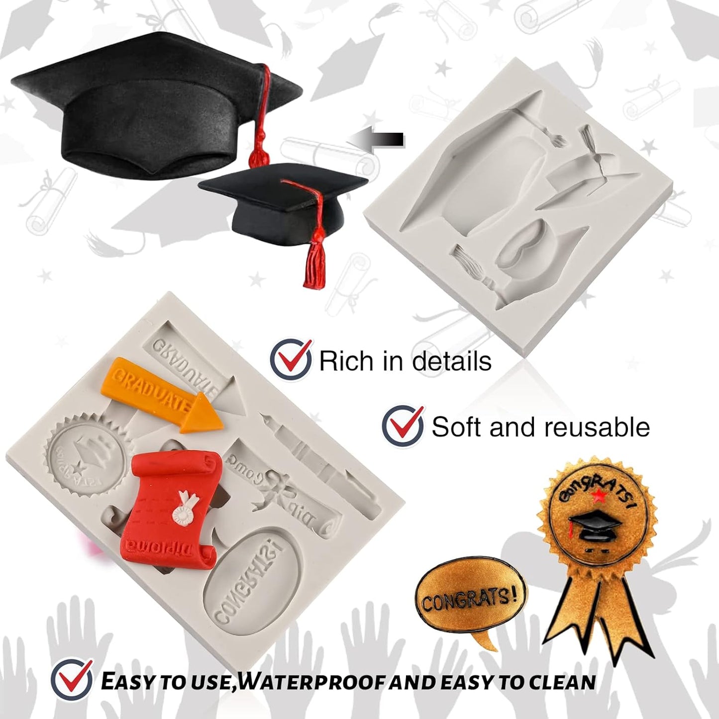 Sakolla Graduation Fondant Molds Silicone Doctoral Cap Diploma Chocolate Candy Molds Congrats Grad Congratulations Mould Cake Toppers Party Decorations for 2025 Graduation Celebration