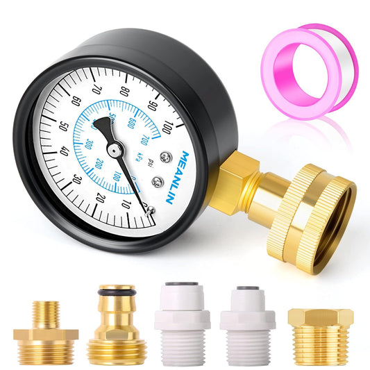 MEANLIN MEASURE 0~100Psi 3/4" Female Water Pressure kit Plus 5 adapters, 2.5" FACE DIAL Multi-Purpose Pressure Gauge kit, Hydraulic Tester,Suitable for Gardens, Water Pipes, etc
