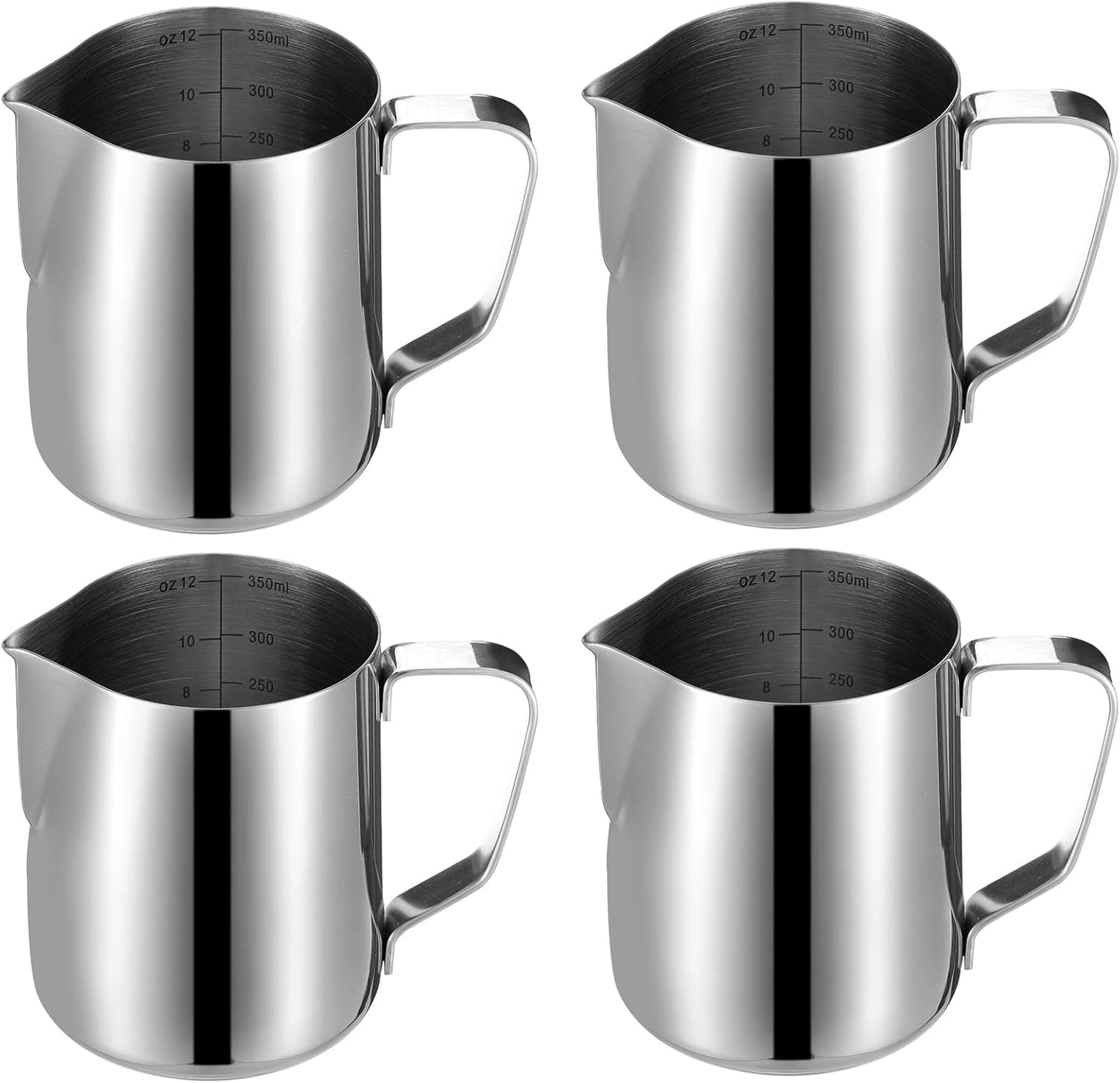 4 Pcs Milk Frothing Pitcher Espresso Steaming Pitchers 12 Oz Stainless Steel Milk Steamer Cup Frother Jug for Espresso, Latte Art, Chai Cappuccino Hot Chocolate