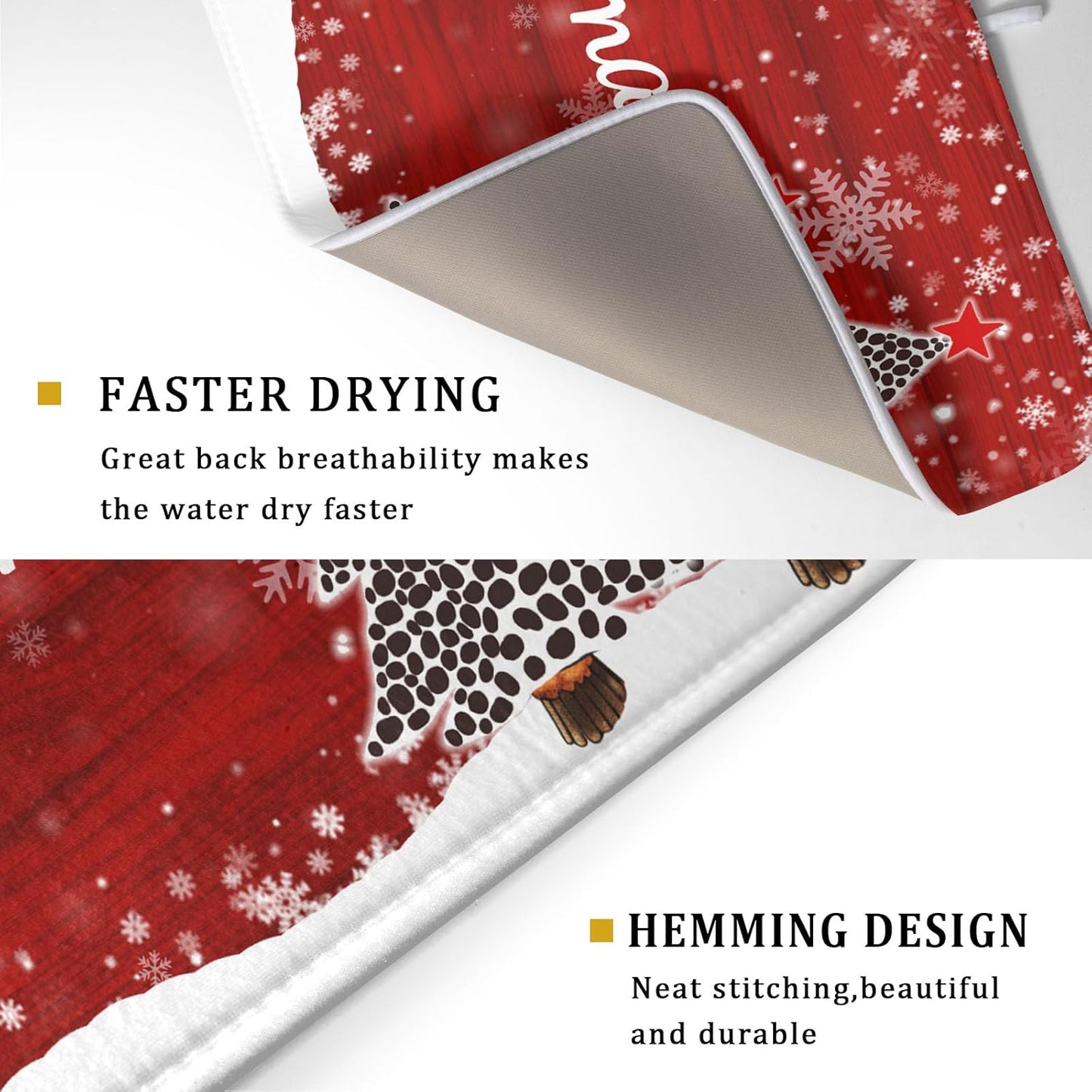 Merry Christmas Tree Red Dish Drying Mat for Kitchen Counter,Winter Snowflake Pine Drying Mat 18 x 24 Inch with Absorbent Reversible Microfiber Dish Drying Pad for Coffee Bar