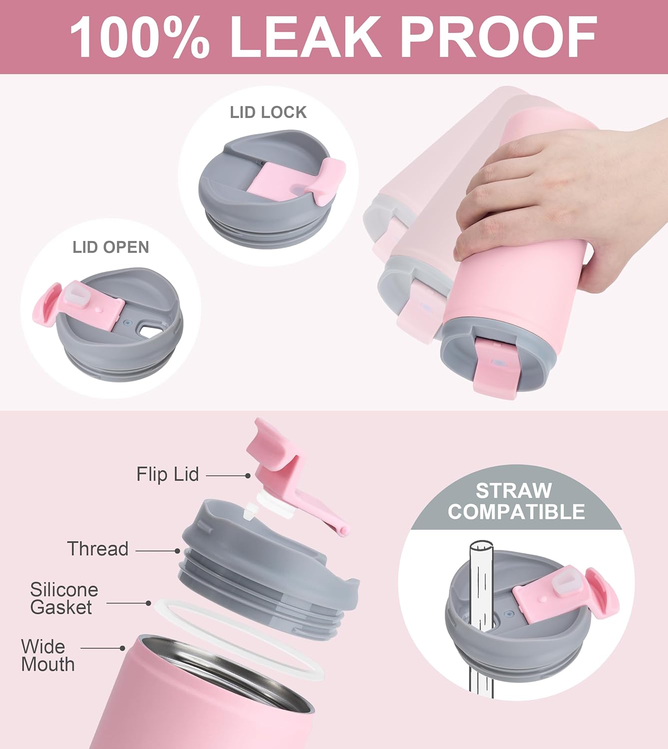 SUNWILL Travel Coffee Mug with Lid, Stainless Steel Coffee Tumbler Cups Leakproof 16 oz, Powder Coated Light Pink