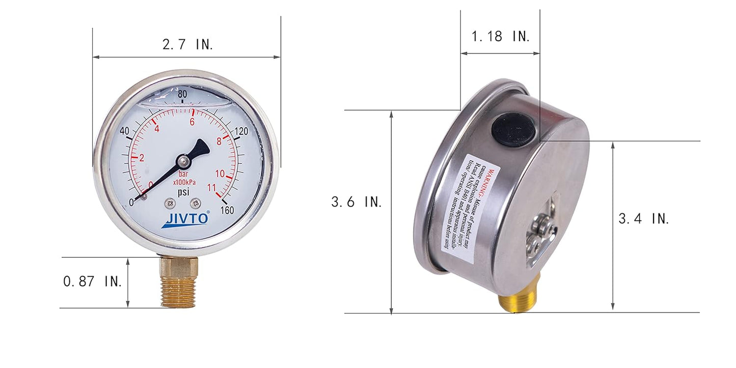 Pressure Gauge,Glycerin Liquid Filled,2-1/2" Dual Scale Dia,0-160 psi/bar/kpa,1/4" NPT Male Brass Connection,Lower Mount, Stainless Steel Case,for Pneumatic,Pump,Hose,Well Tank,Gas Air Water Oil