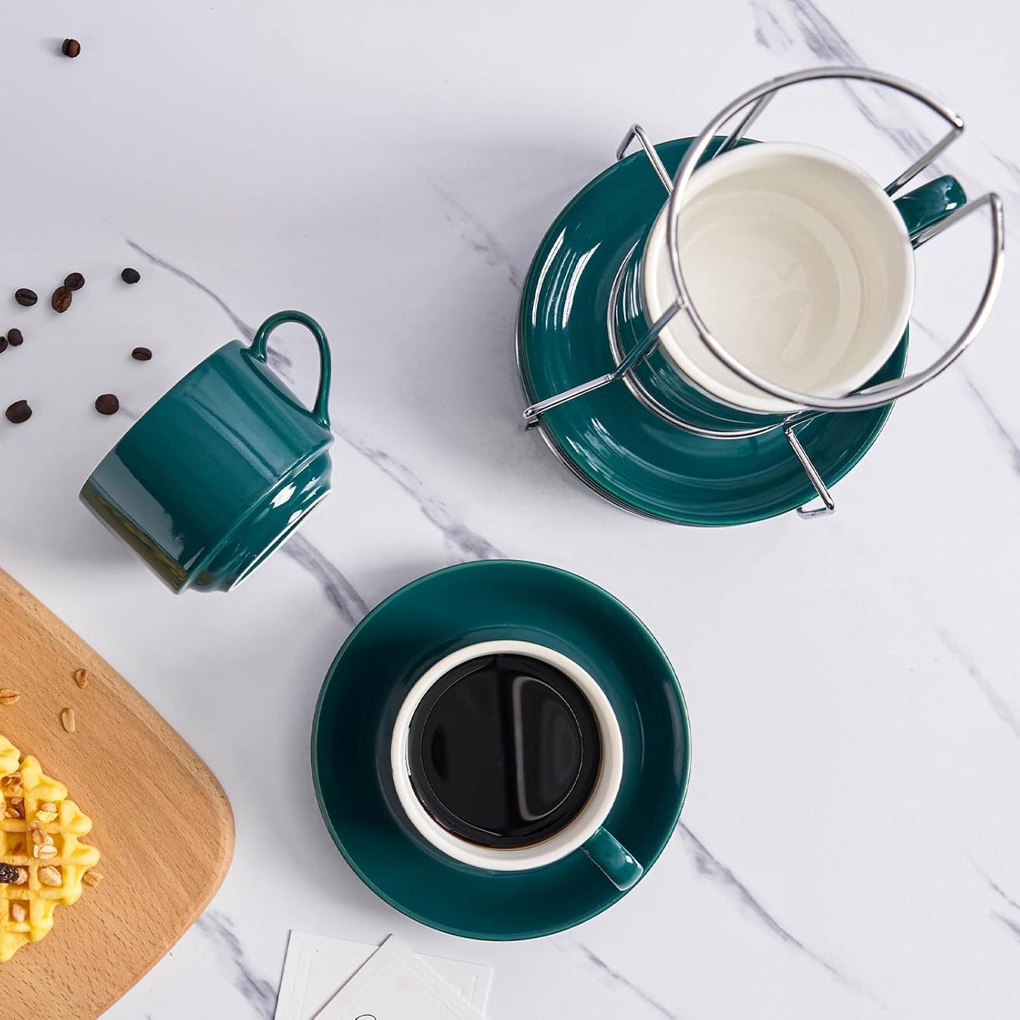 8 Ounce Porcelain Cappuccino Cups with Saucers and Silver Stand, Green Cups Set of 4