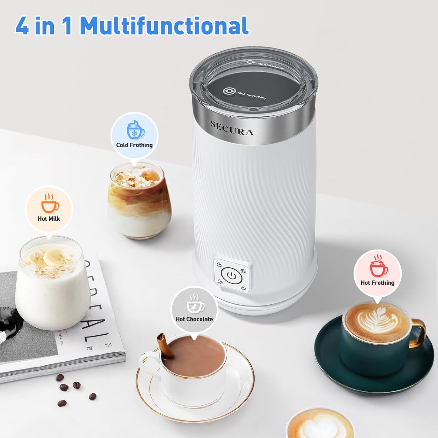 Secura 4-in-1 Electric Milk Frother & Warmer – Hot/Cold Foam Maker for Lattes, Cappuccinos, Macchiatos, Hot Chocolate & Matcha – IPX6 Splashproof, Auto Shut-Off, Teflon-Free & BPA-Free