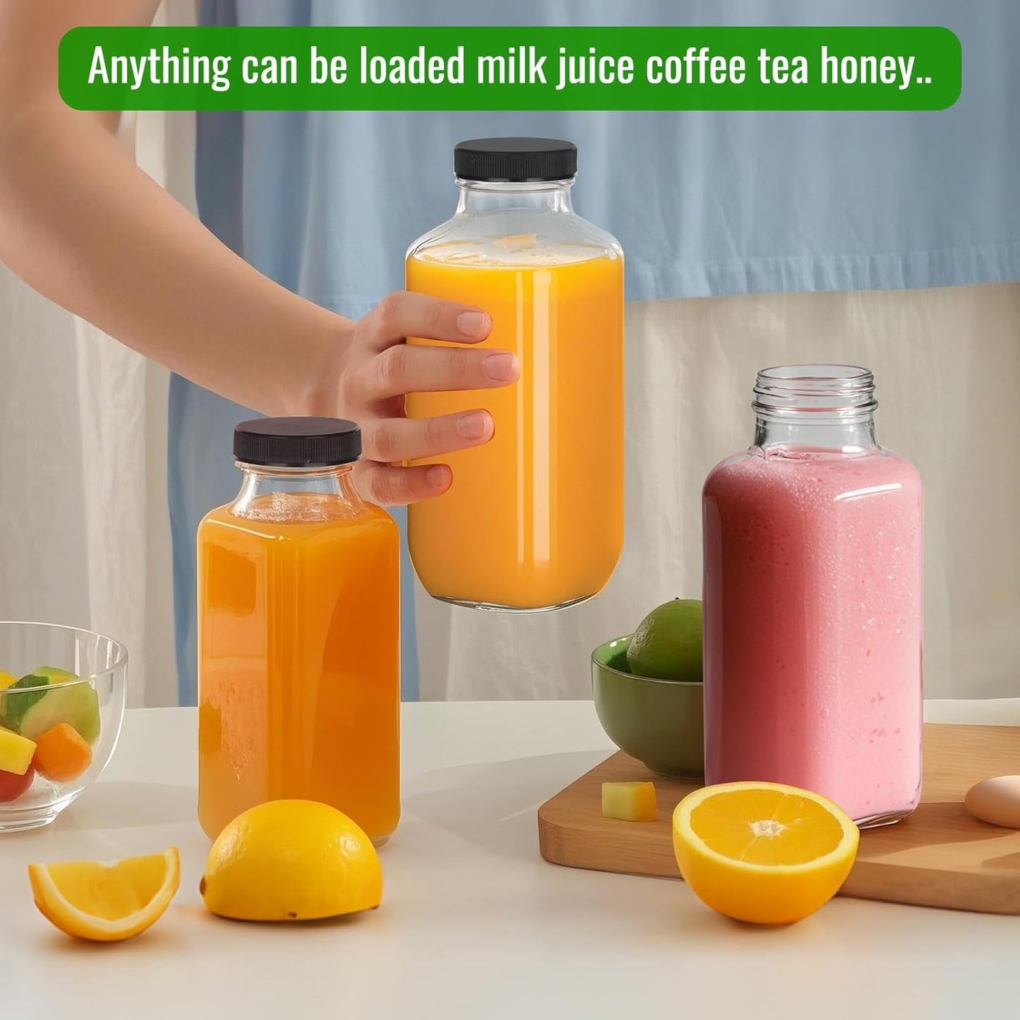 BIGIVACA 16 oz Glass Juice Bottles with Lids,6 PACK Bottles for Juicing,Square Drinking Jars Glass for Coffee,Cola,Milk,Tea in Travel,Work,School