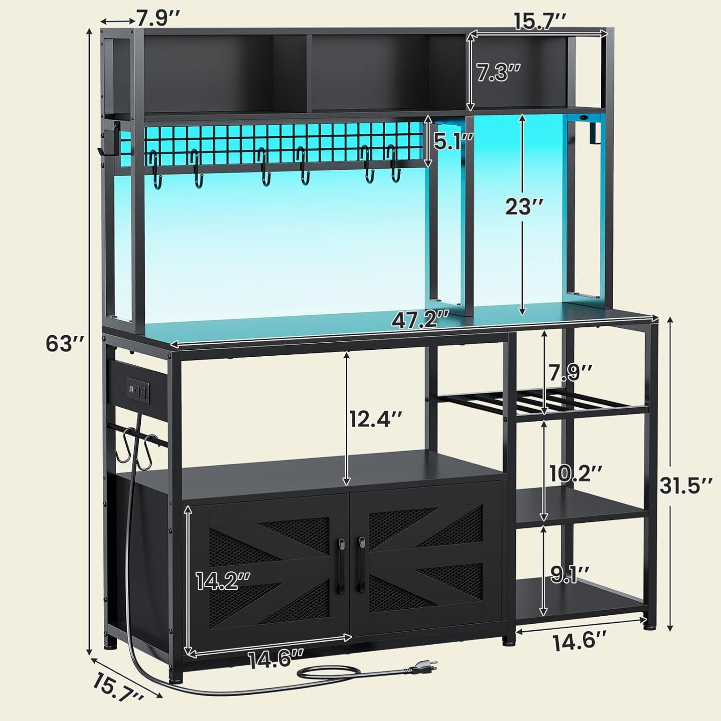 Itaar 47.2 Inch Bakers Rack with Power Outlet, Microwave Stand with Storage, Farmhouse Coffee Bar Cabinet Station with Wine Rack, Iron Mesh and 8-S Hooks (Black)