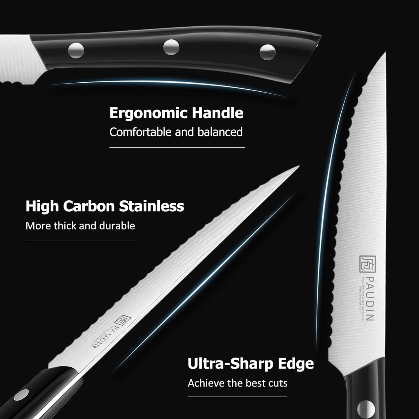 PAUDIN Steak Knives, Steak Knife Set of 8, Razor-Sharp Kitchen Knife Set 4.5 inch, High Carbon Stainless Steel Serrated Steak Knives Set for Kitchen, Full Tang ABS Handle