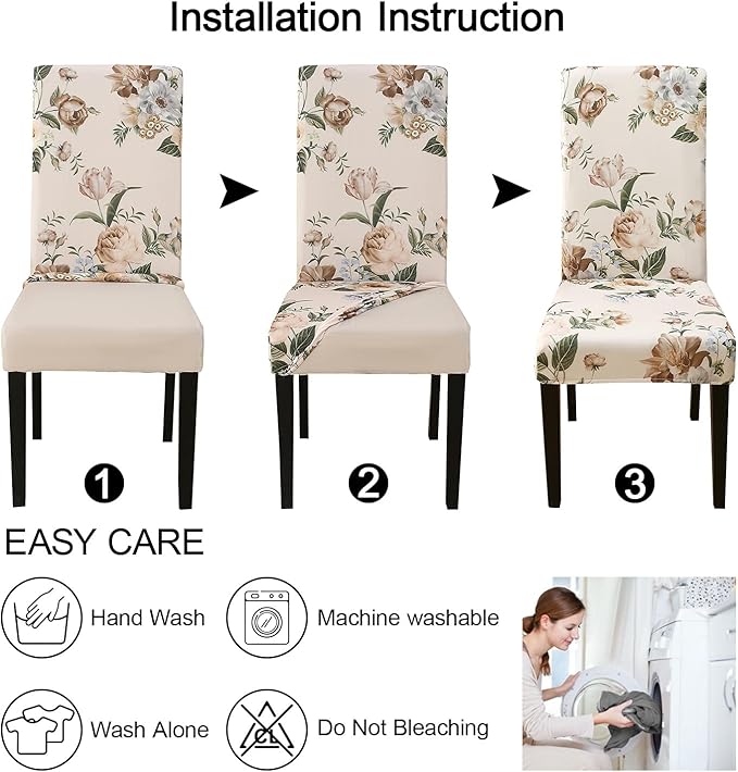 JQinHome Pattern Chair Covers for Dining Room Set of 4, High Stretch Removable Washable Parsons Chair Slipcover for Home Party Hotel Wedding Ceremony (Peony Flower,4PCS)