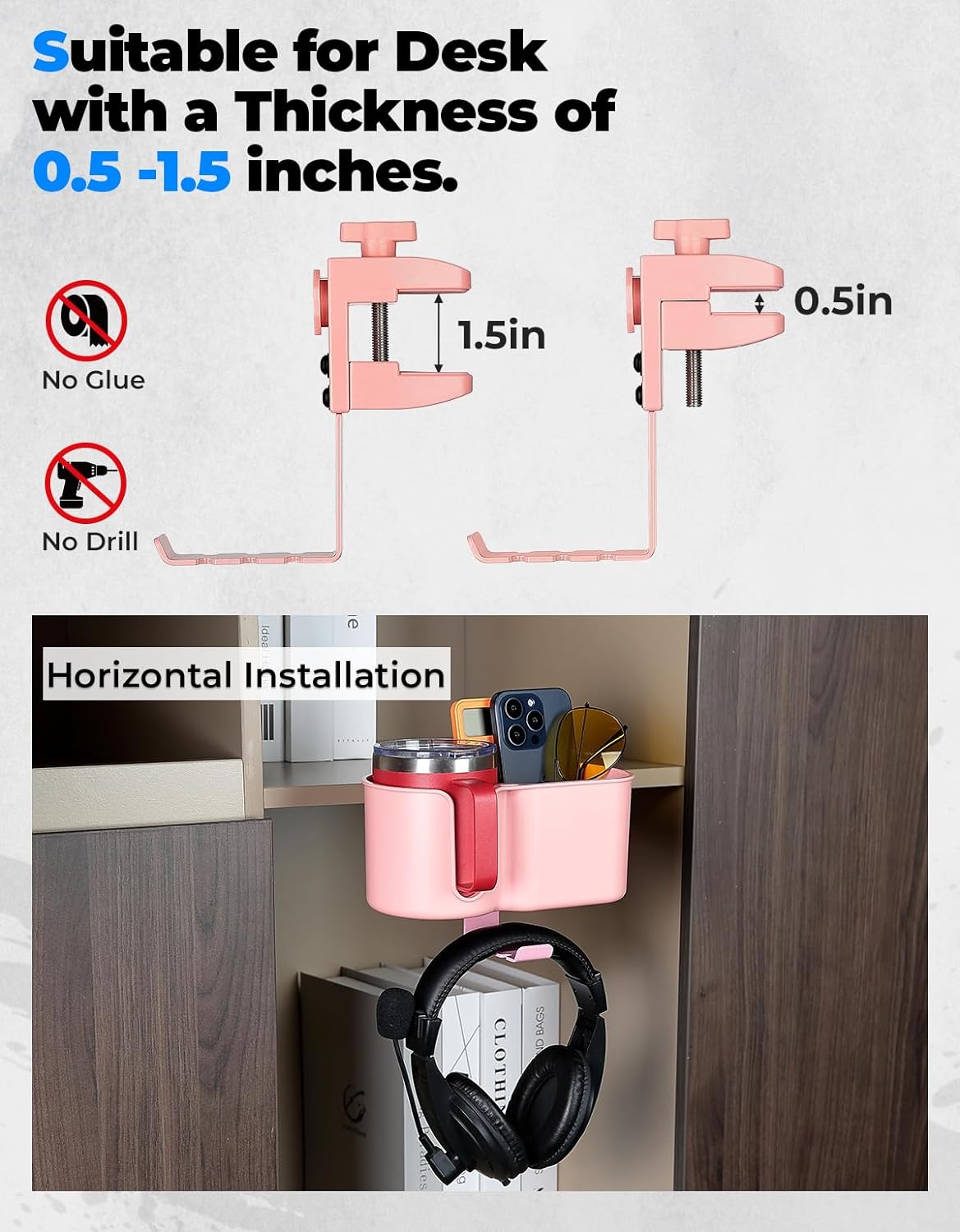 KEMIMOTO Desk Cup Holder with Headphone Hanger, 2 in 1 Caddy Organizer for Office Table, Lawn Chair, Golf Cart, Pontoon Boat, Fit for Most 18-32 oz Bottles