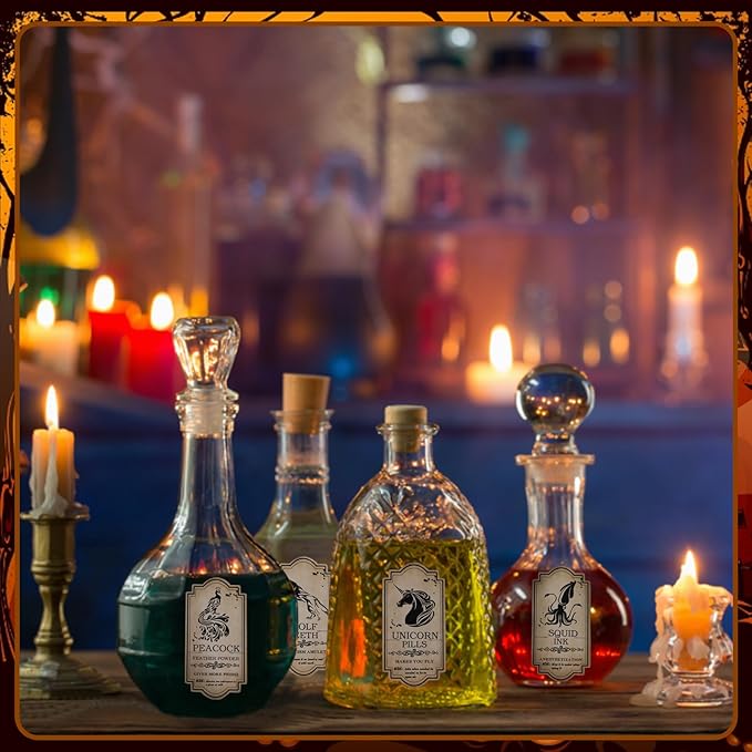 KIMOBER 144PCS Halloween Bottle Labels, Assoeted Vintage Laminated Animal Apothecary Potion Bottles Stickers for Halloween Party Supplies Photo Props