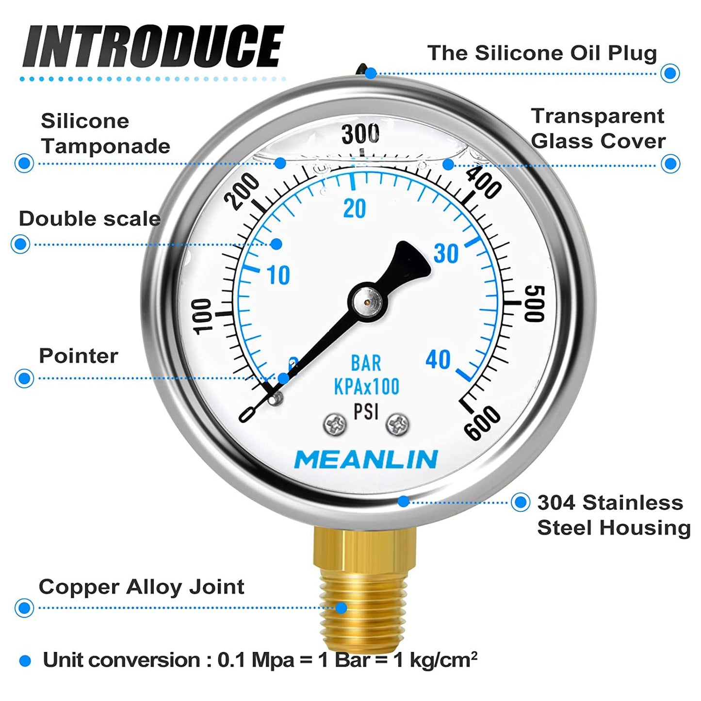 MEANLIN MEASURE 0~600Psi Stainless Steel 1/4" NPT 2.5" FACE DIAL Liquid Filled Pressure Gauge WOG Water Oil Air Lower Mount, with 1/4" x 1/2" NPT and 1/4" x 3/8" NPT Hex Bushing