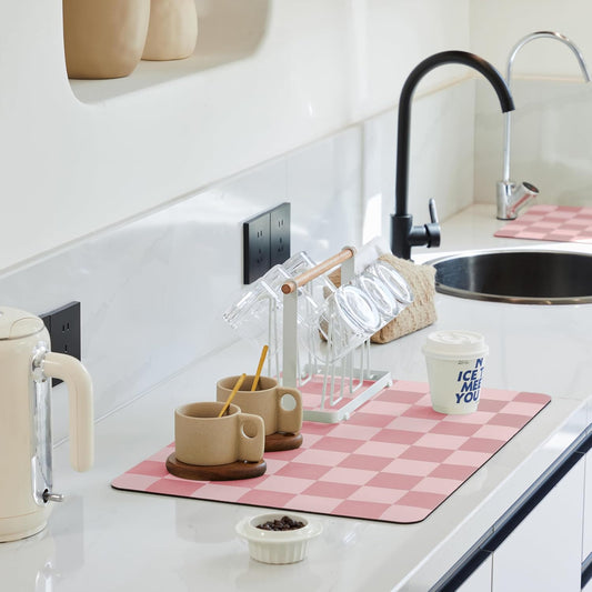 Checkered Dish Drying Mat for Kitchen Counter, Coffee Bar Station Accessories, Retro Cute Girly Pink Aesthetic Modern Absorbent Drainer Mat Kitchen Drying Mat Easy Clean, Coral 16" x 24"