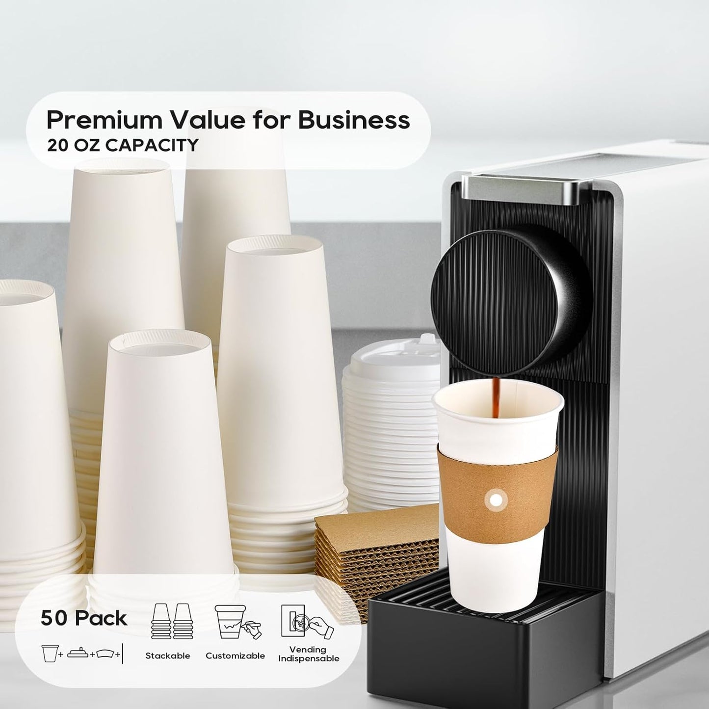 JOLLY PARTY [50 Pack] 20 oz Paper Coffee Cups, Disposable Paper Coffee Cup with Lids, Sleeves, and Stirrers, Hot/Cold Beverage Drinking Cup for Water, Juice or Tea, Suitable for Home, Shops and Cafes