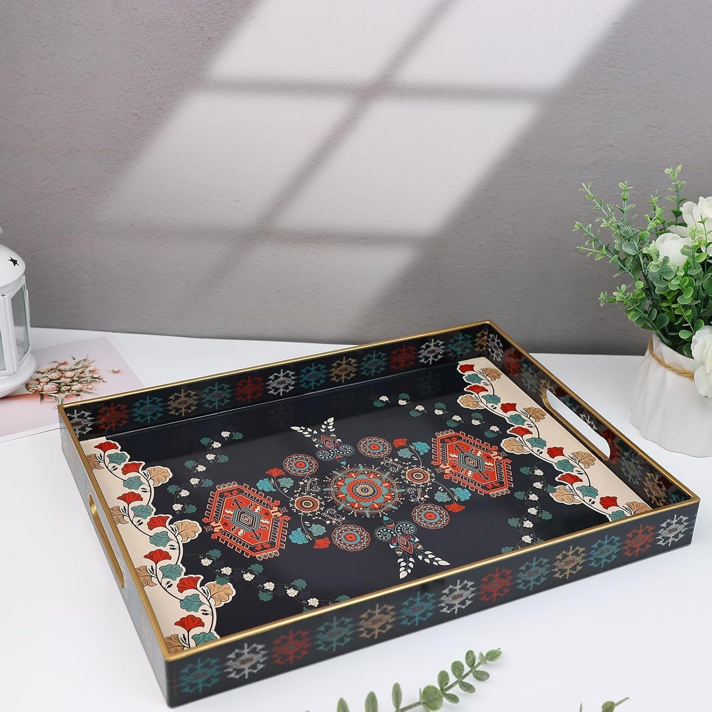 Spsyrine Serving Tray with Handles, Plastic Decorative Tray for Coffee Table, Living Room, Home Decor, 3040M
