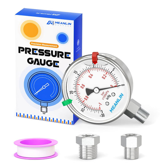 MEANLIN MEASURE -30inHG~0Psi Vacuum Pressure Gauge 316 Stainless Steel Joint 1/4"NPT 2.5"FACE DIAL, Liquid Filled Pressure Gauge WOG Water Oil Air Lower Mount with Stainless Steel Hex Bushing, Snaps