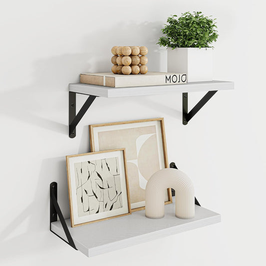 Dreamland White Floating Shelves for Wall, 16W x 8D Wall Mounted Shelves Set of 2, Floating Shelves Bedroom with Sturdy Metal Brackets for Living Room, Bathroom and Kitchen