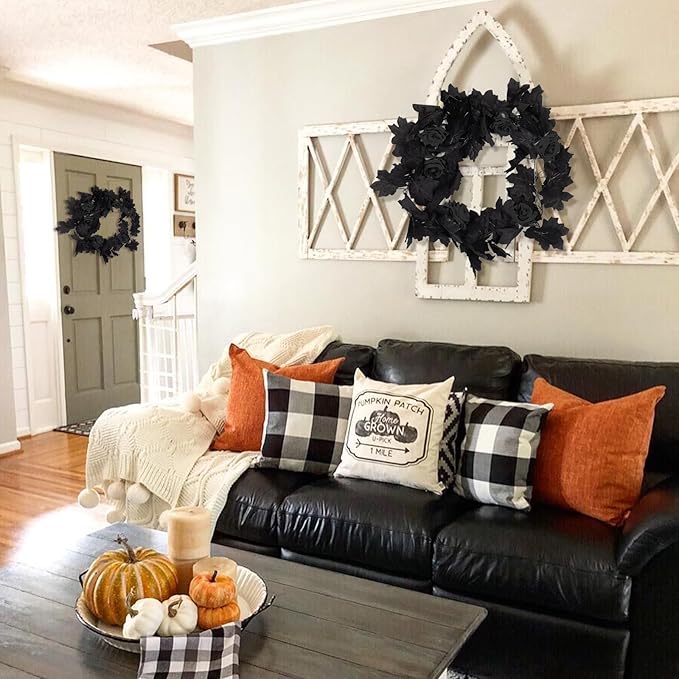 RECUTMS Black Artificial Flower Garland Fake Rose Vine Hanging Rose Vines Fall Maple Garland with Floral,Black Hanging Flowers for Gothic Wedding Decor Autumn Party Halloween Decor