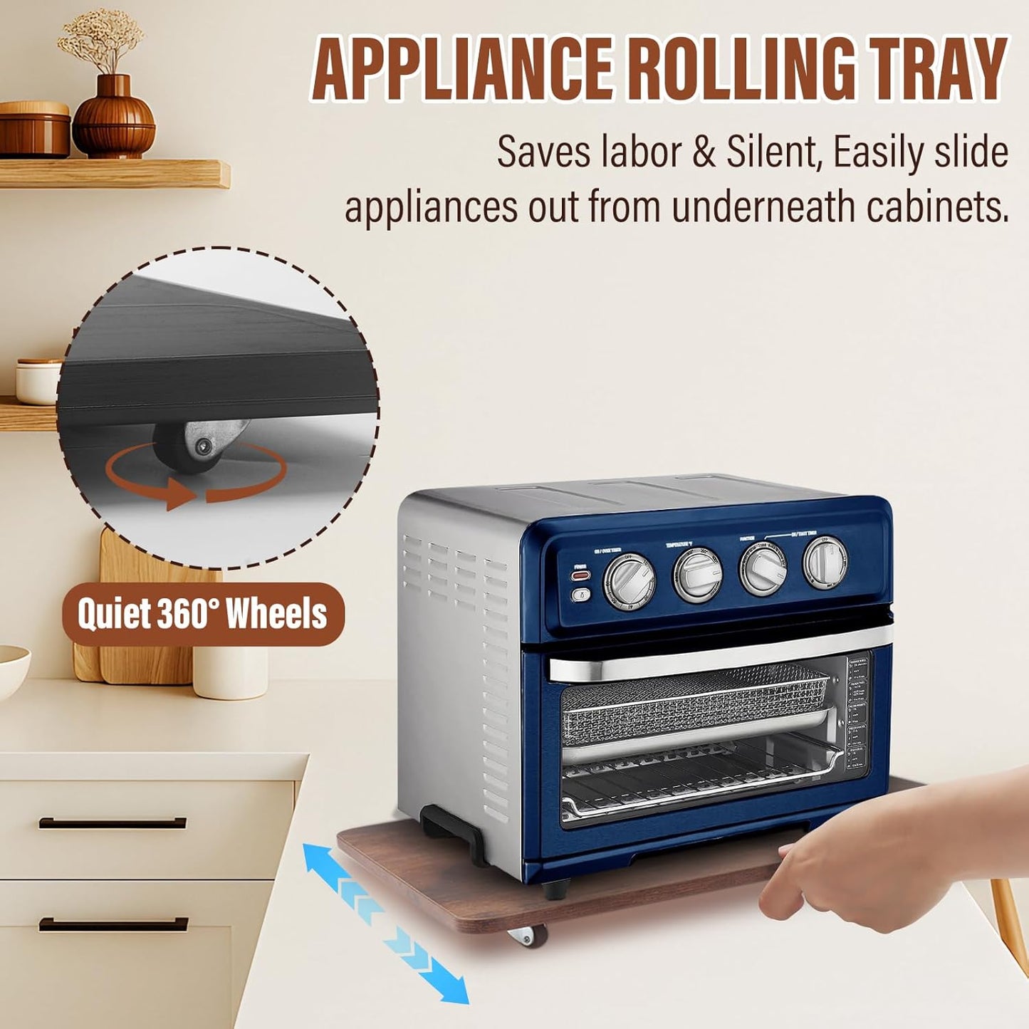 360° Appliance Slider Sliding Tray, Coffee Maker Rolling Tray for Counter Under Cabinet Coffee Pot Mat for Espresso Machine, Toaster, Air Fryer, Quiet Wheels, Brown (Large 15.7"×13")