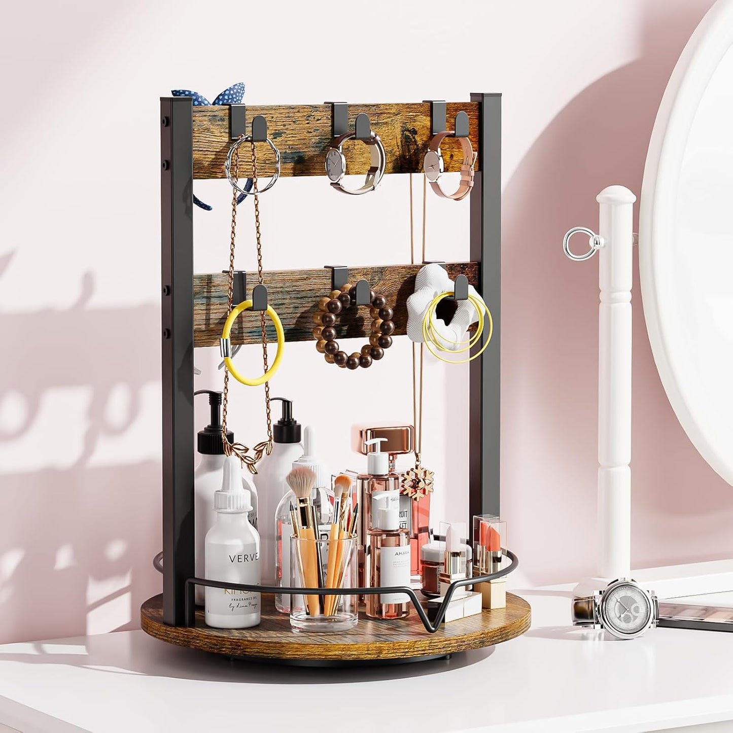 KLM Wood Coffee Mug Holder,12 Hook Mug Tree Holder Rack with Storage Base,Mug Display Organizer,Mug Holders for Home Kitchen,Support 360° rotation for easy access