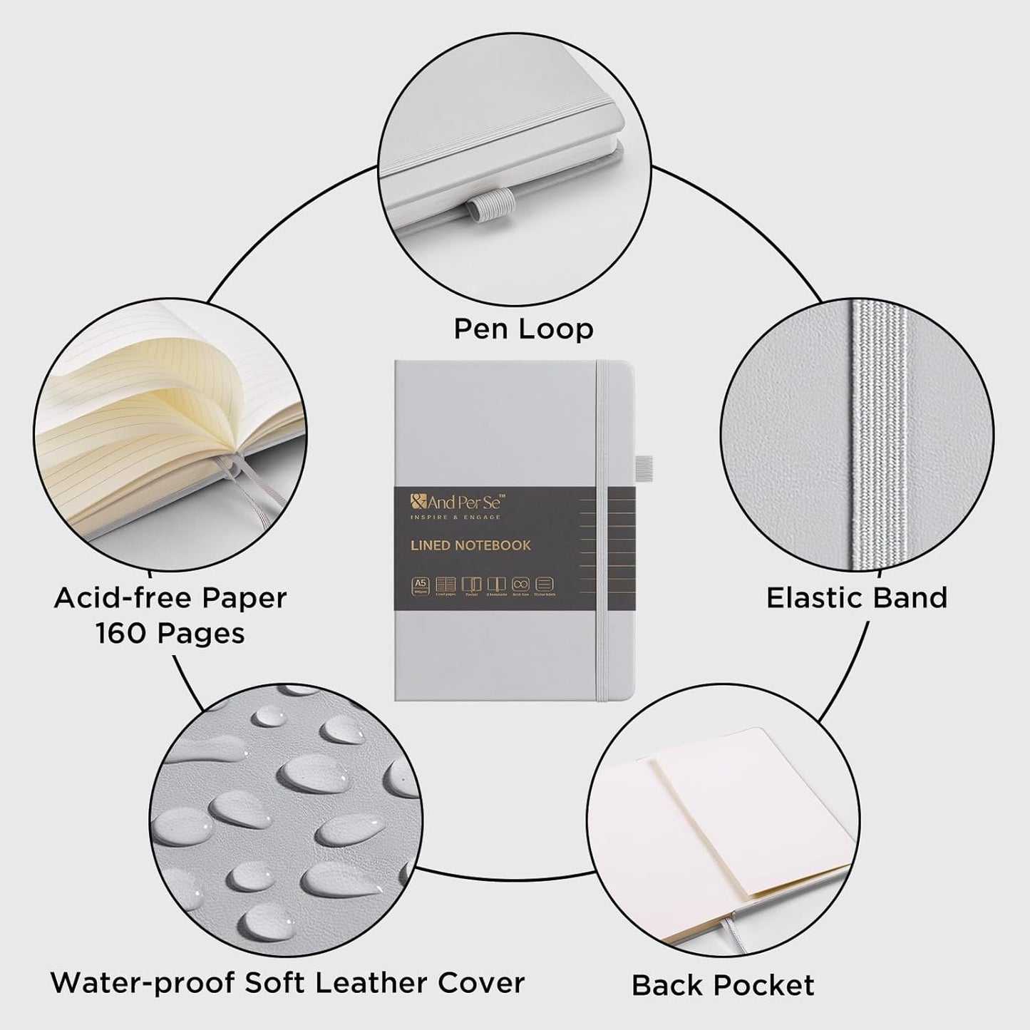 &And Per Se Lined Journal Notebook, 160 Pages, A5 5.7 x 8 inches College Ruled Thick Paper Notebook Journals for Writing, Hardcover Notebooks for Women Men Office School (1 Pack, Grey)