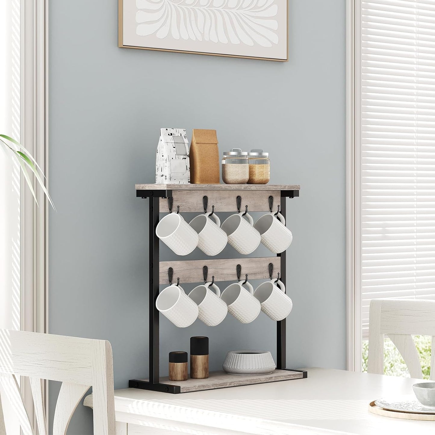 Coffee Mug Holder for Counter, 2 Tier Mug Tree Rack, with 8 Hook and 2 Open Shelves, Vintage Mug Holder Stand for Home Kitchen, Greige MH43BG