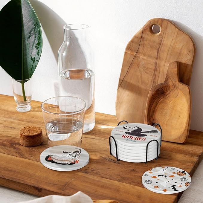 6 PCS Halloween Coasters with Metal Holder and Cork Base Ceramic Drink Coasters Absorbent Cup Mat Non-Slip for Home Kitchen Office Table Decor, 4 Inch Halloween 1