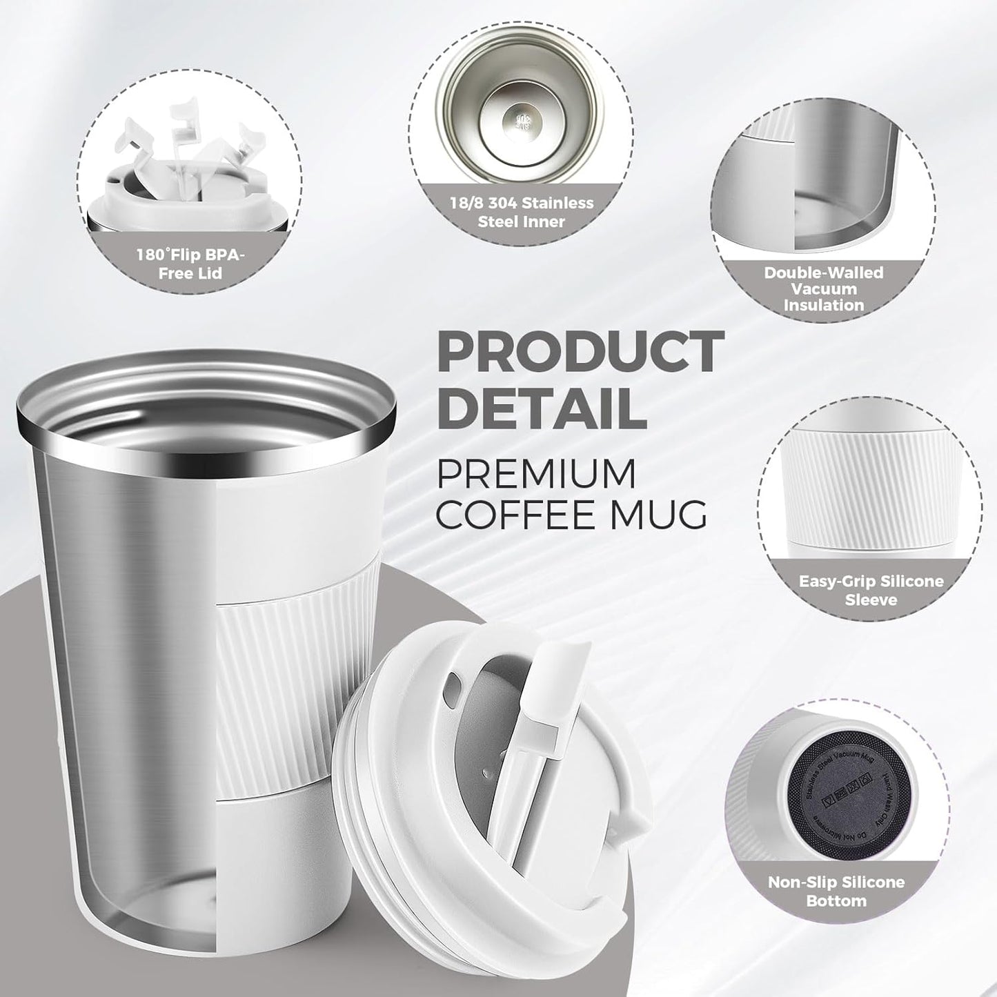 Volhoply 13 oz Stainless Steel Insulated Travel Coffee Mug with Fip Lid Bulk 2 Pack,Reusable Double Wall Vacuum Metal Coffee Cup,Portable Leak Proof Thermal Tumbler for Hot & Cold Drinks(White,2)