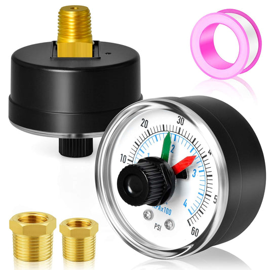 MEANLIN MEASURE 0-60Psi 1/4" NPT Pressure Gauge Box with dial for selecting Filter, 3-2-3% Accuracy, Center Back Mount, with 1/2" NPT and 3/8" NPT Hex Bushing