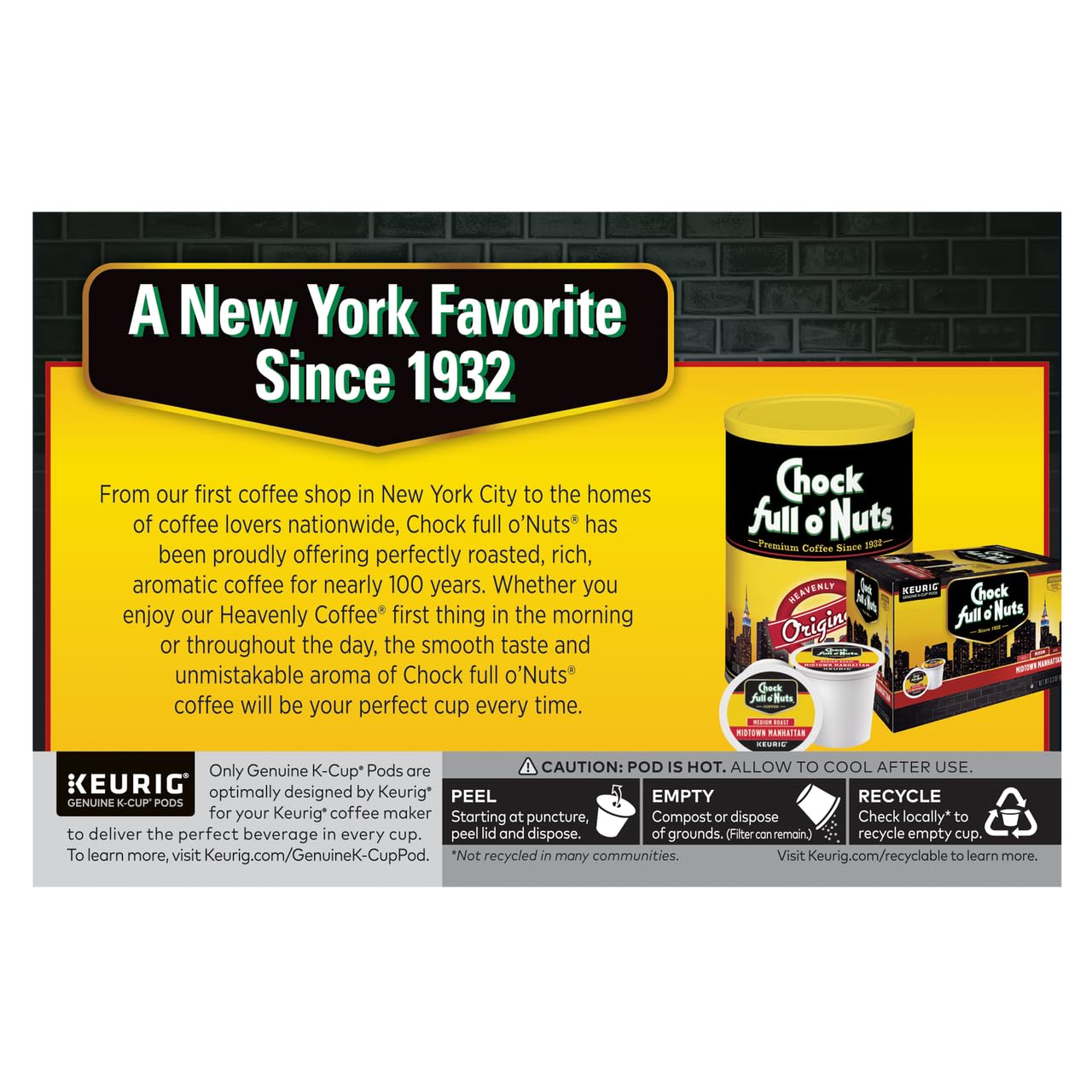 Chock Full o'Nuts Donut Shop Coffee, Compatible with K-Cup Pods, 12 CT (Pack of 3)