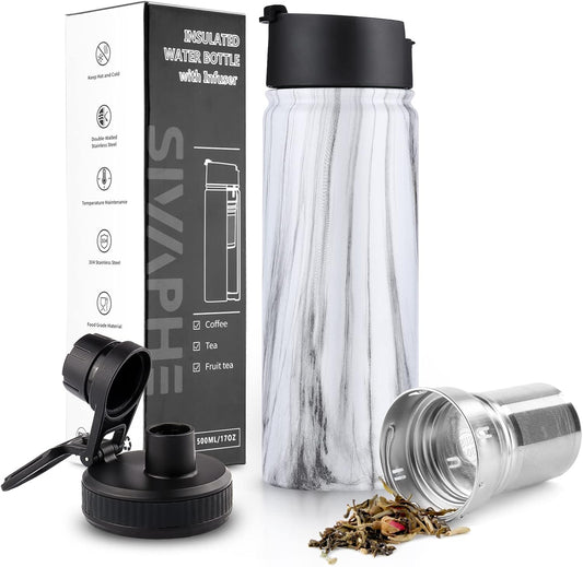 Tea Infuser Bottle With Removable Loose Leaf 18/8 Stainless Steel Insulated Travel Tea Strainer Tumbler tea drinkers gifts for women(White Marble)