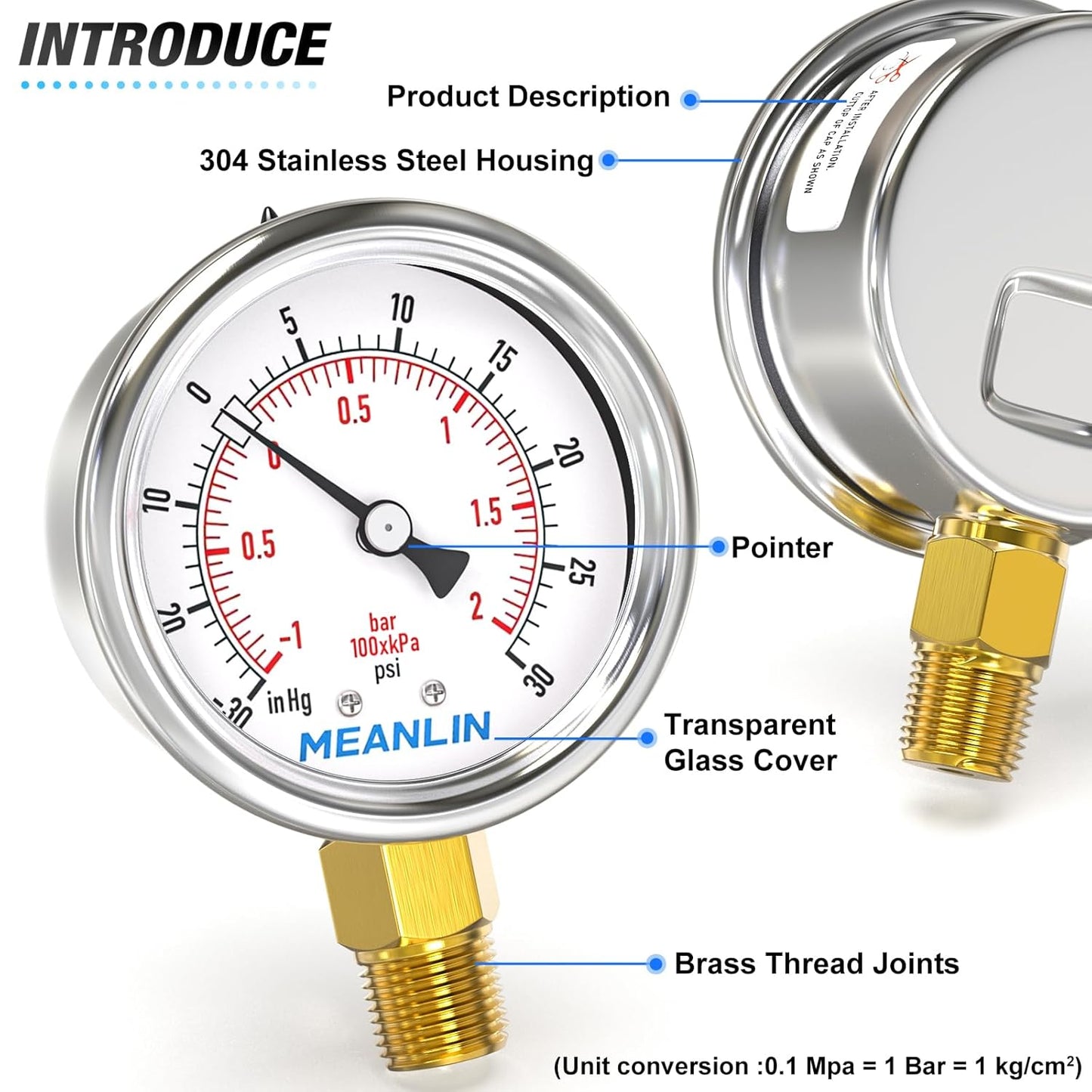 MEANLIN MEASURE -30inHG~30Psi Vacuum Gauge Stainless Steel 1/4" NPT 2" FACE DIAL Waterproof for Air Compressor HVAC Negative Pressure Hand Pump Pool Lower Mount, with 1/2" NPT and 3/8" NPT Hex Bushing