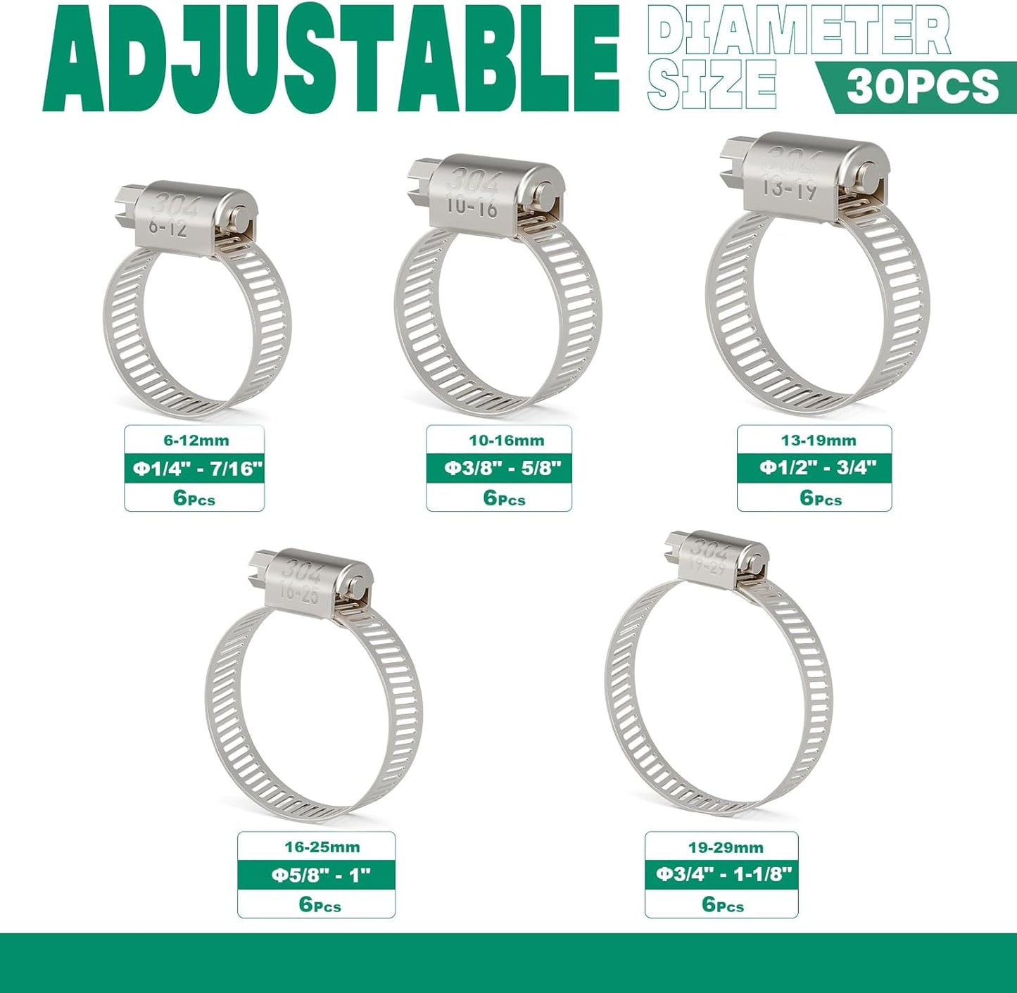 30PCS Hose Clamps Stainless Steel Assortment Adjustable 1/4"-1-1/8"(6-29mm) Worm Gear Hose Clamp, Heavy Duty Metal Small Hose Clamps for Automotive, Pipe, Radiator Plumbing, Fuel Line