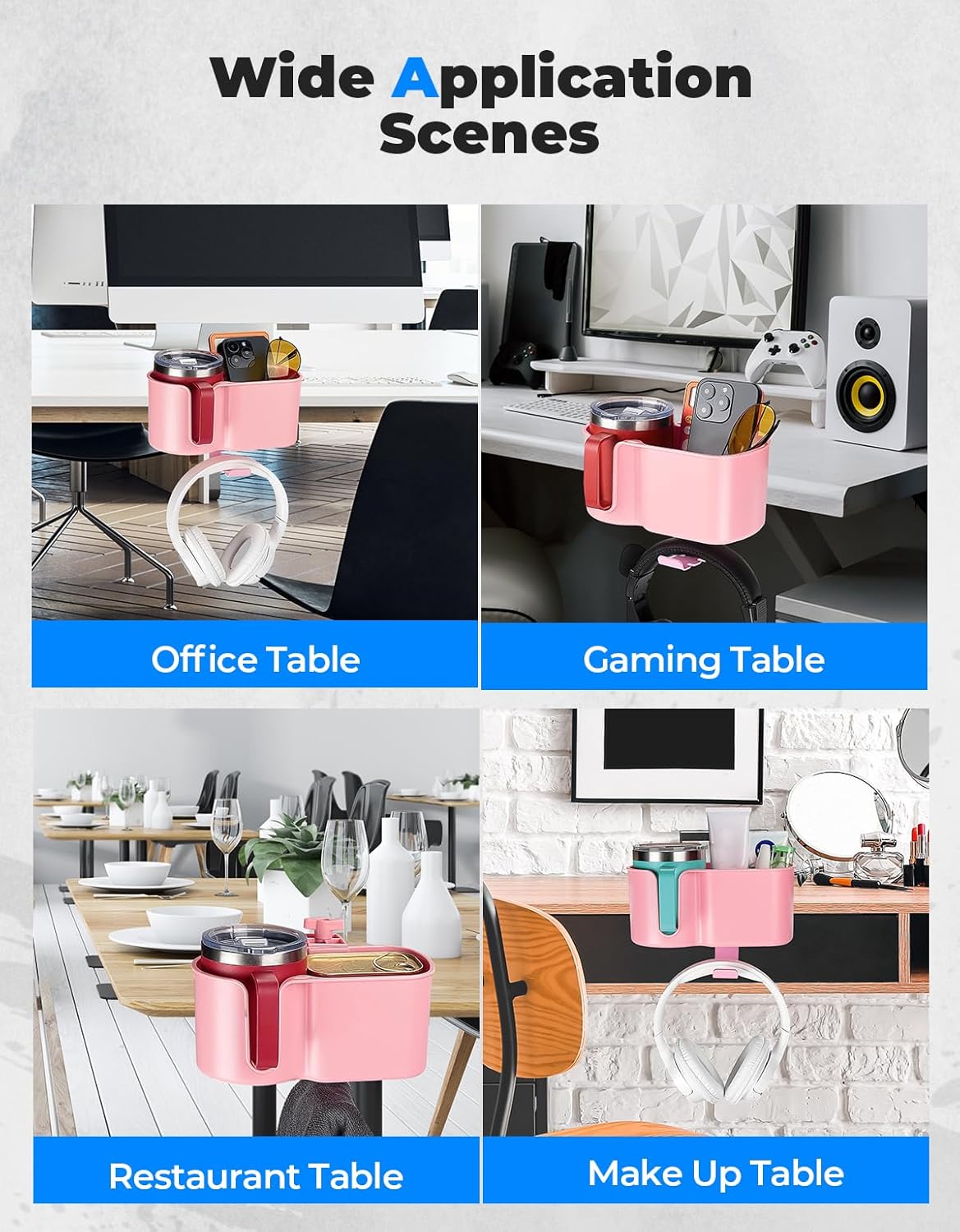 KEMIMOTO Desk Cup Holder with Headphone Hanger, 2 in 1 Caddy Organizer for Office Table, Lawn Chair, Golf Cart, Pontoon Boat, Fit for Most 18-32 oz Bottles