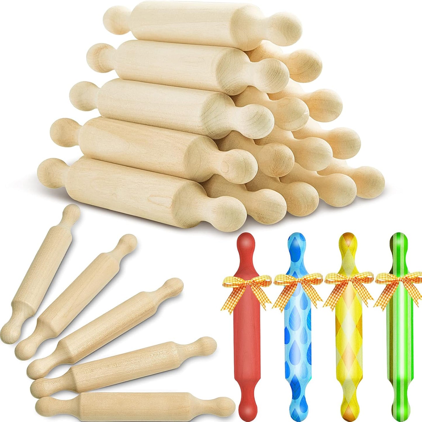 Suclain 15 Pcs Wooden Mini Rolling Pin Long Kitchen Baking Small Dough Rolling Pin for Children Fondant Pastry Pizza Crafting and Imaginative Play for Halloween and Christmas Presents (7 Inches)
