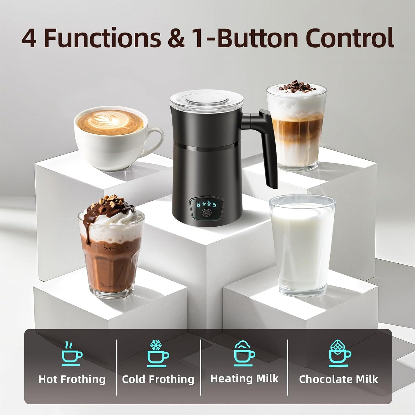 Milk Frother, 4 in 1 Electric Milk Steamer, Hot and Cold Foam Maker, 11.8 oz/350 mL Milk Warmer, Frother for Coffee Latte, Cappuccino, Hot Chocolate, 1 min Fast Frothing, Auto Shut-Off